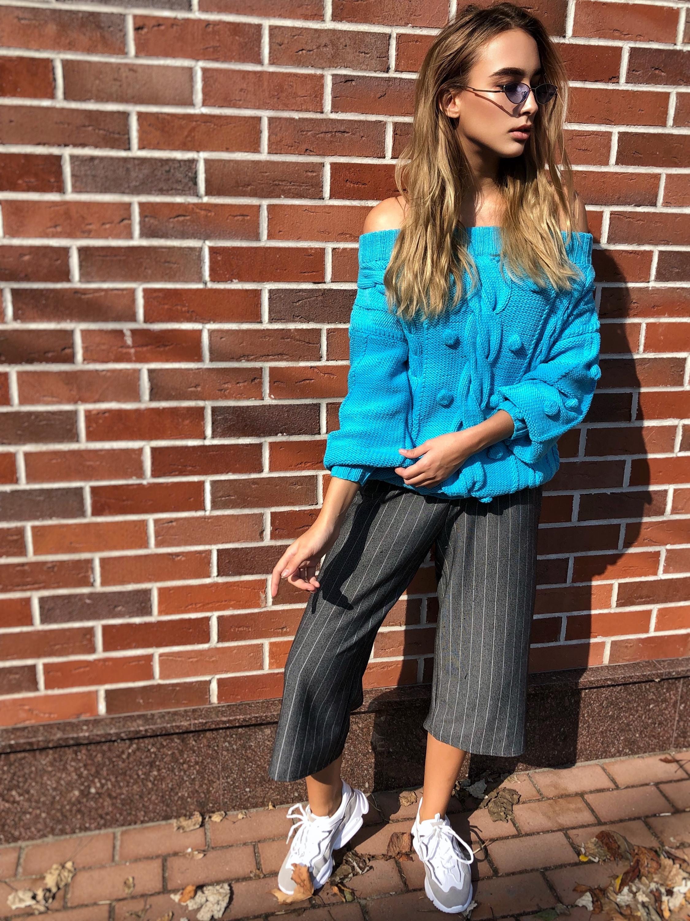 Hand knit cotton sweater Loose knit Oversized sweater Open shoulder Electric Neon Blue sweater Pom pom Eco hypoallergenic pullover