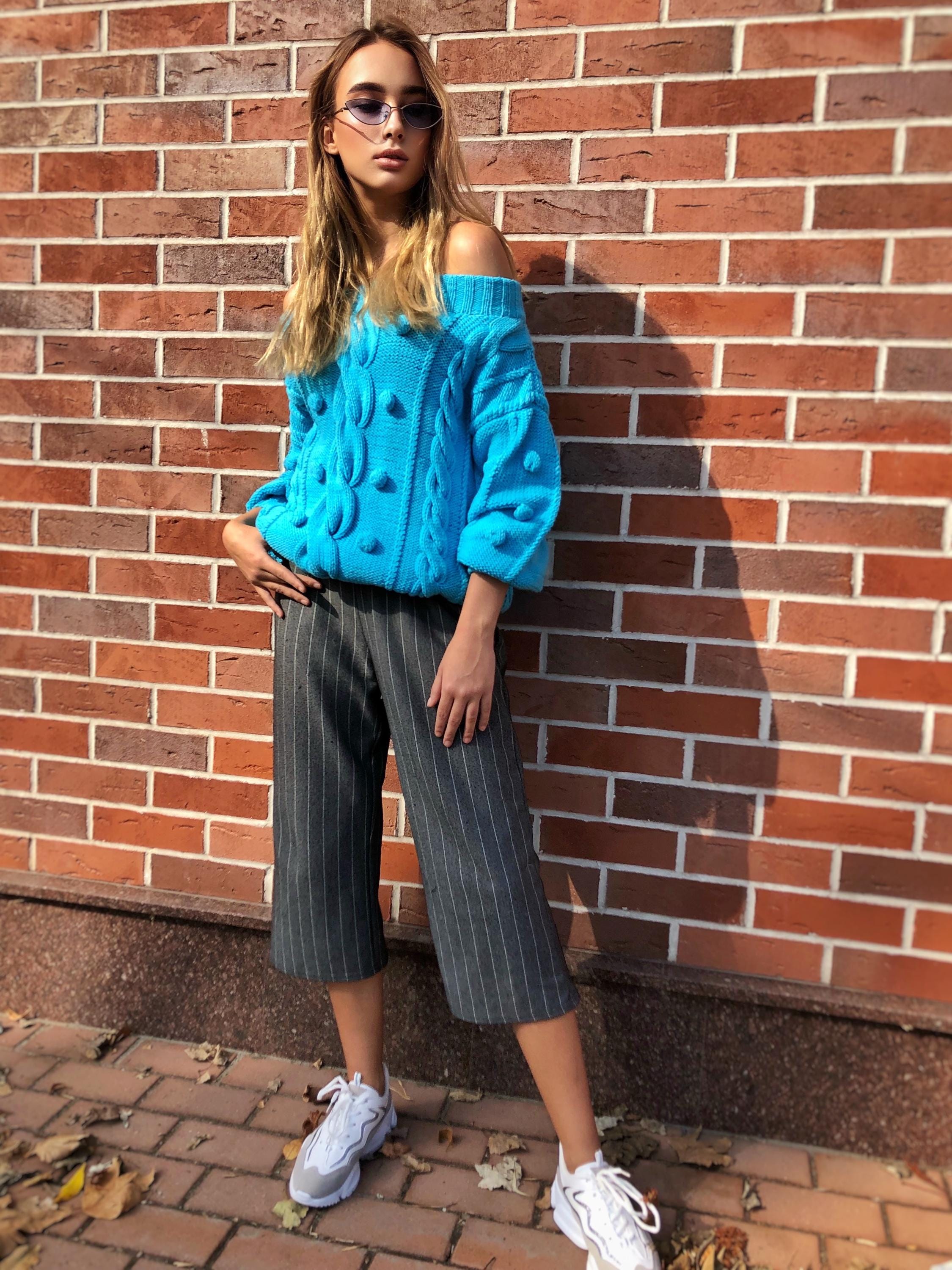 Hand knit cotton sweater Loose knit Oversized sweater Open shoulder Electric Neon Blue sweater Pom pom Eco hypoallergenic pullover