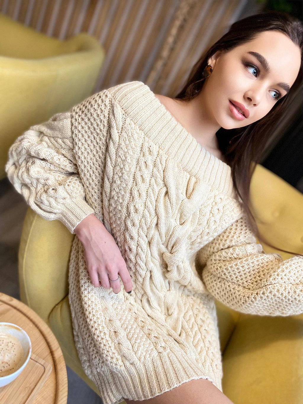 Hand knit merino wool mixture sweater dress Pastel cream off shoulder sweater Knitted jumpsuit dress sweater Loose knit jumper Eco pullover