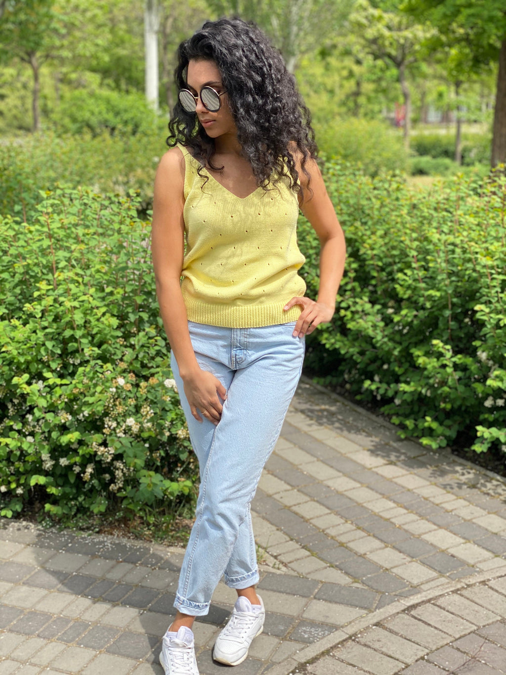 Knit yellow organic cotton summer Top Hand Knit Summer vest top Womens Lemon crop top no sleeves T-shirt with straps