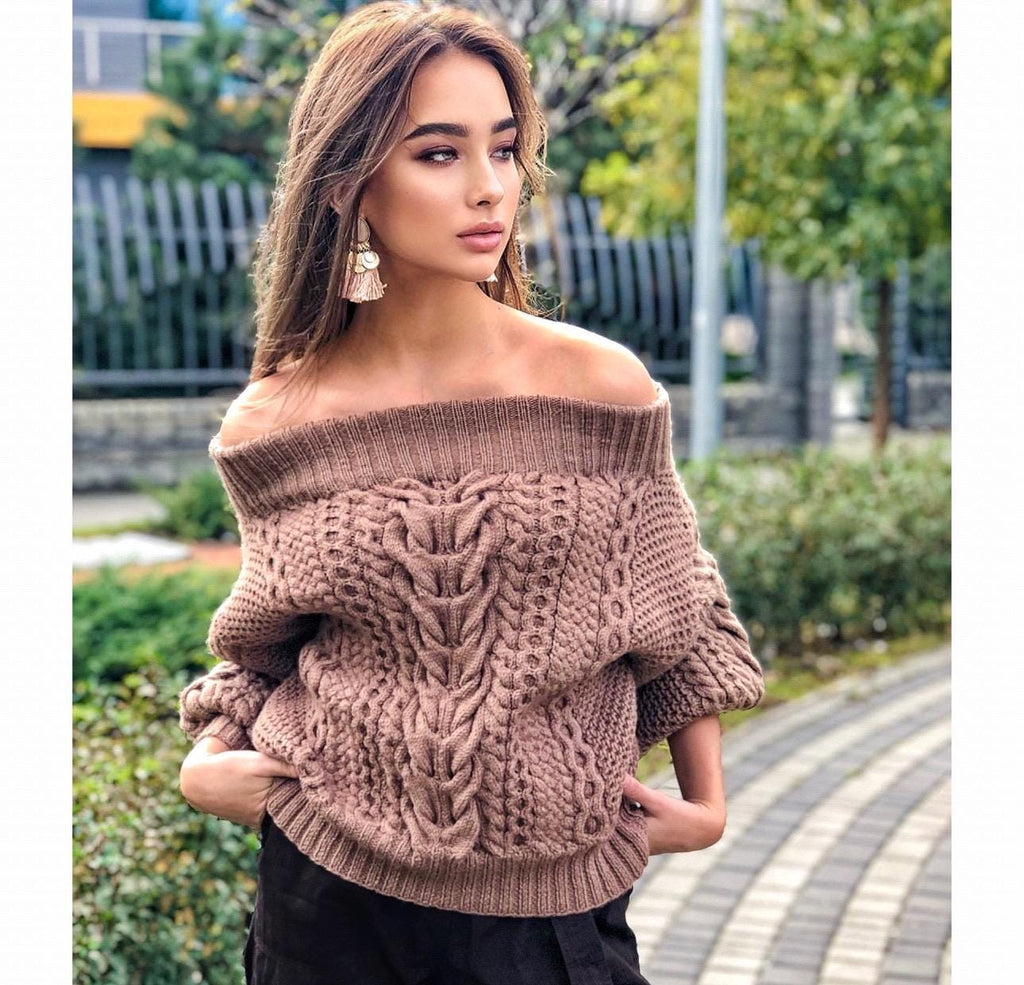 Cable knitedt off shoulders caramel sweater Womens Aran Sweater Beige Braids Chunky knit wool One shoulder Sweater Wide collar Brown jumper