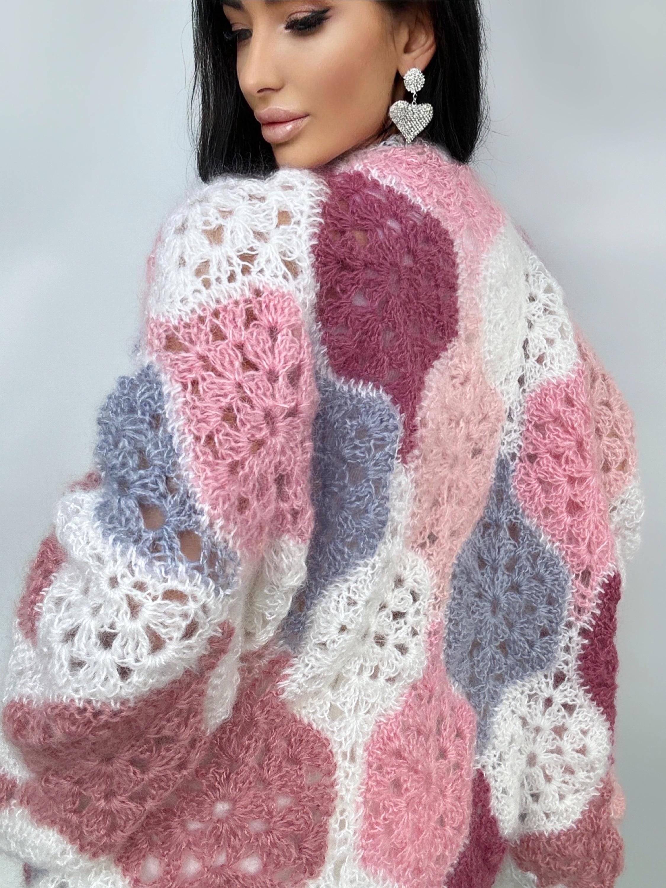 Mohair fluffy crochet cardigan for women patchwork Balloon sleeves Mohair knit sweater Multicolor knitted coat Jacket Women cardigan boler