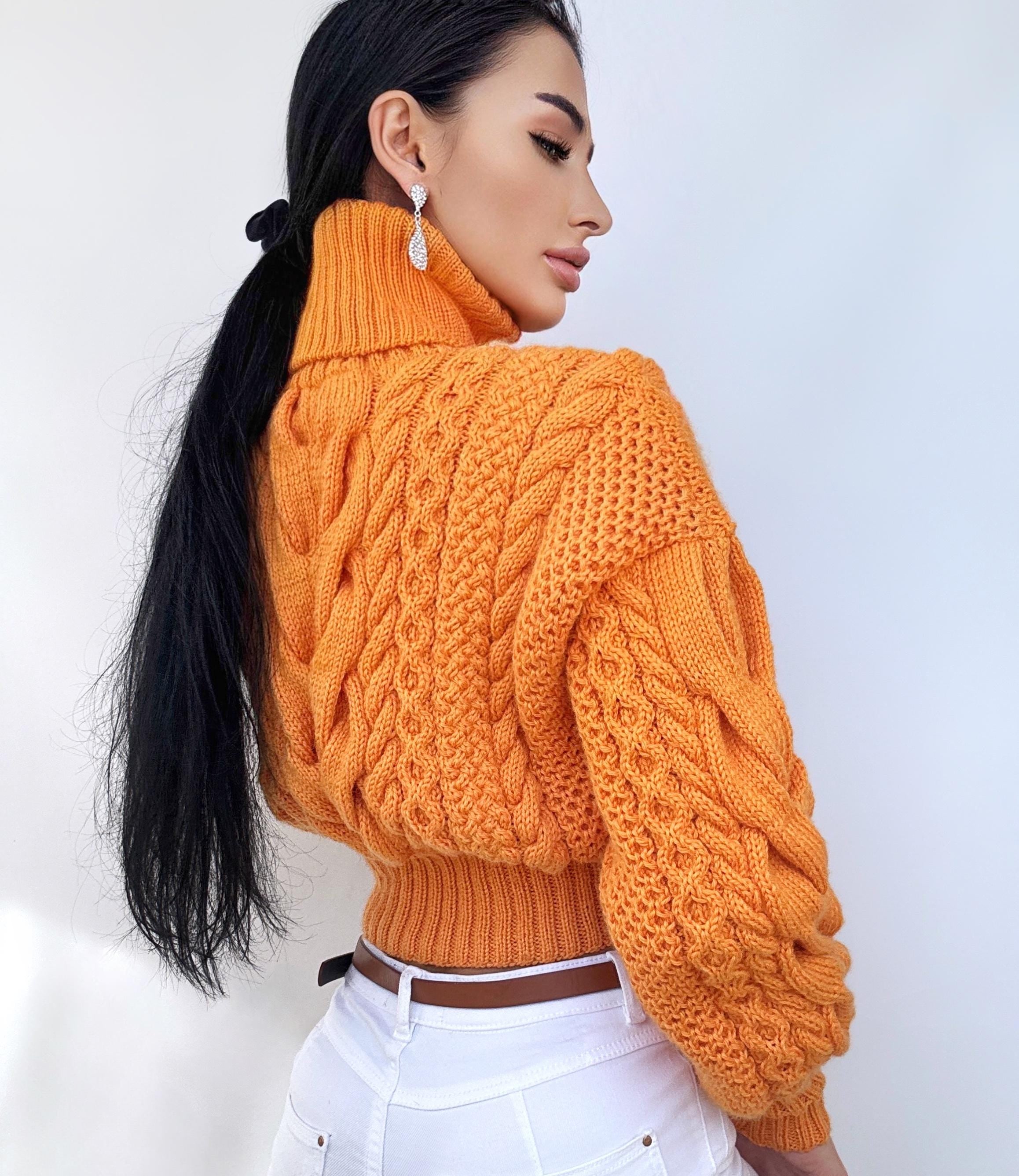 Crop hand knit orange sweater Chunky Turtleneck Oversized Pullover Women's Cable knit Jumper merino wool sweater Halloween Pumpkin Sweater