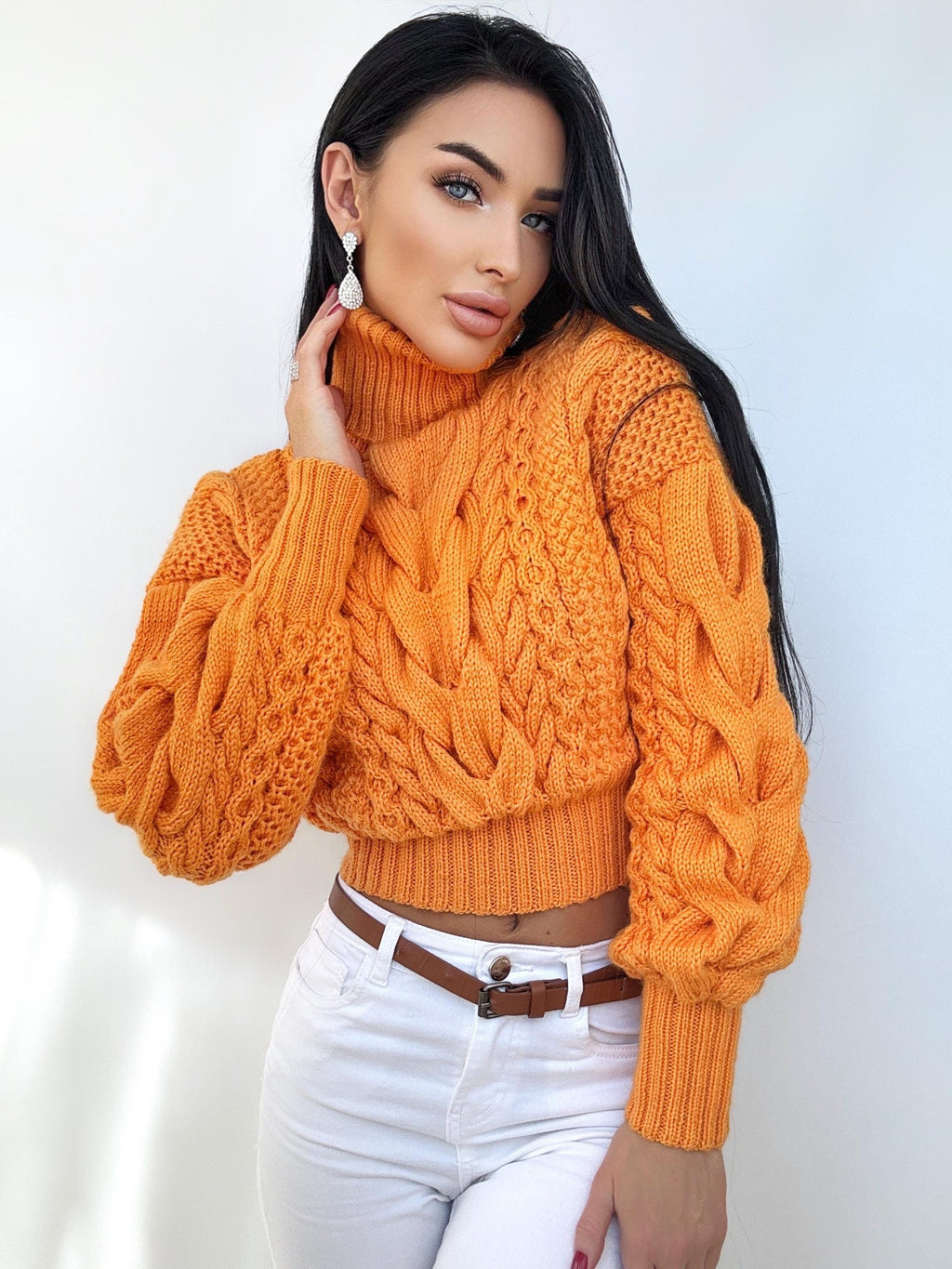 Crop hand knit orange sweater Chunky Turtleneck Oversized Pullover Women's Cable knit Jumper merino wool sweater Halloween Pumpkin Sweater