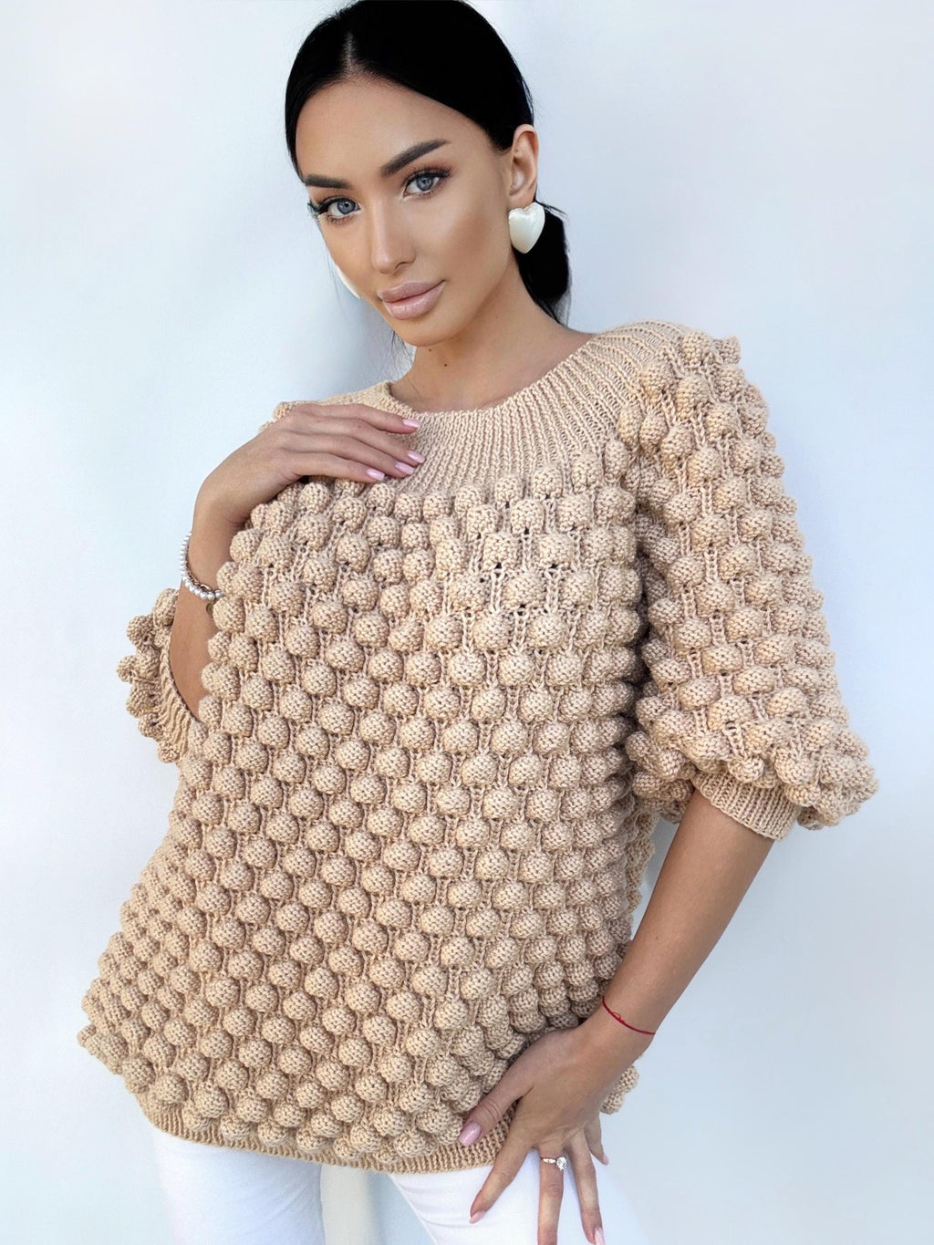 Knit wool beige oversized sweater dress off the shoulder Chunky hand knit dress Open shoulders merino wool long sweater Half sleeve