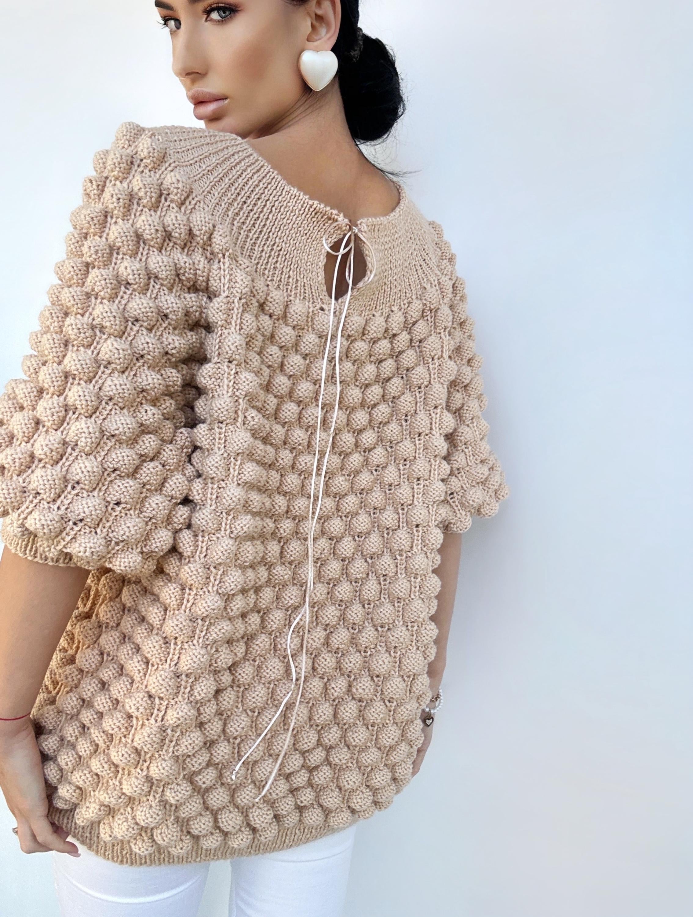 Knit wool beige oversized sweater dress off the shoulder Chunky hand knit dress Open shoulders merino wool long sweater Half sleeve