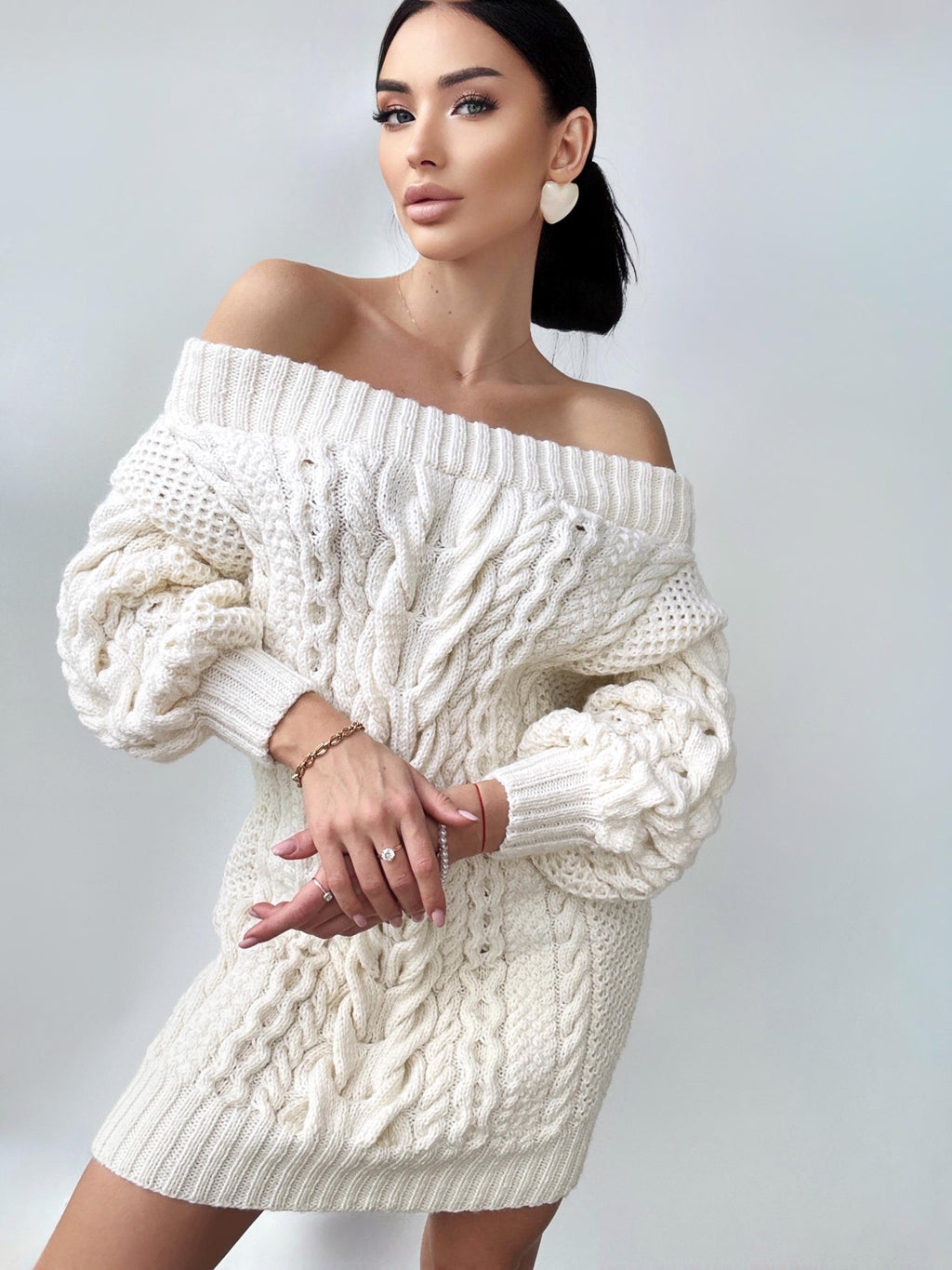 Hand knit merino wool sweater dresses women White off shoulder sweater dress Long Cable Knitted one shoulder dress Big cozy pulover