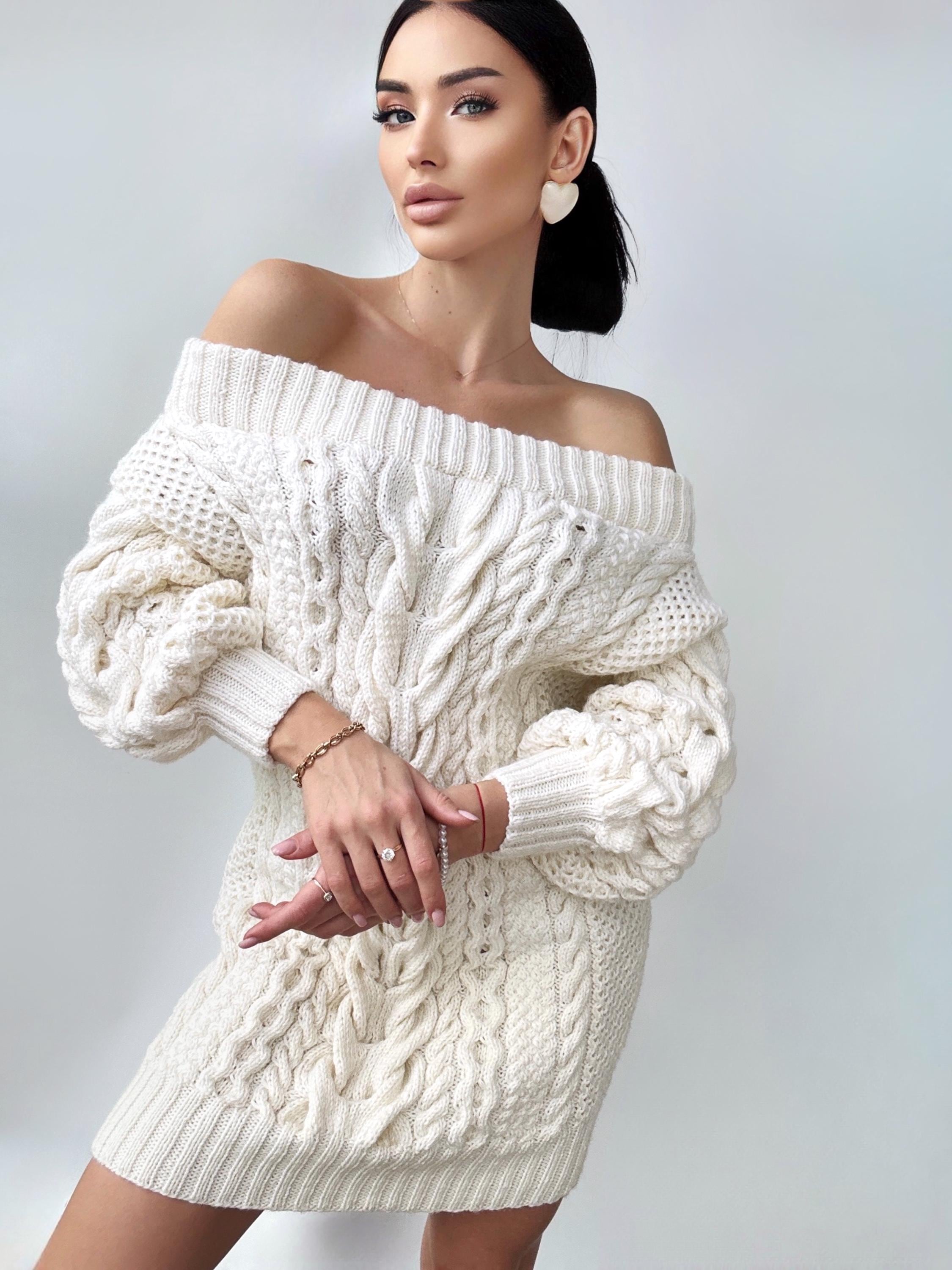 Chunky knit merino wool sweater dress women White off shoulder cotton sweater Long Cable knit sweater Knitted one shoulder Big cozy pullover