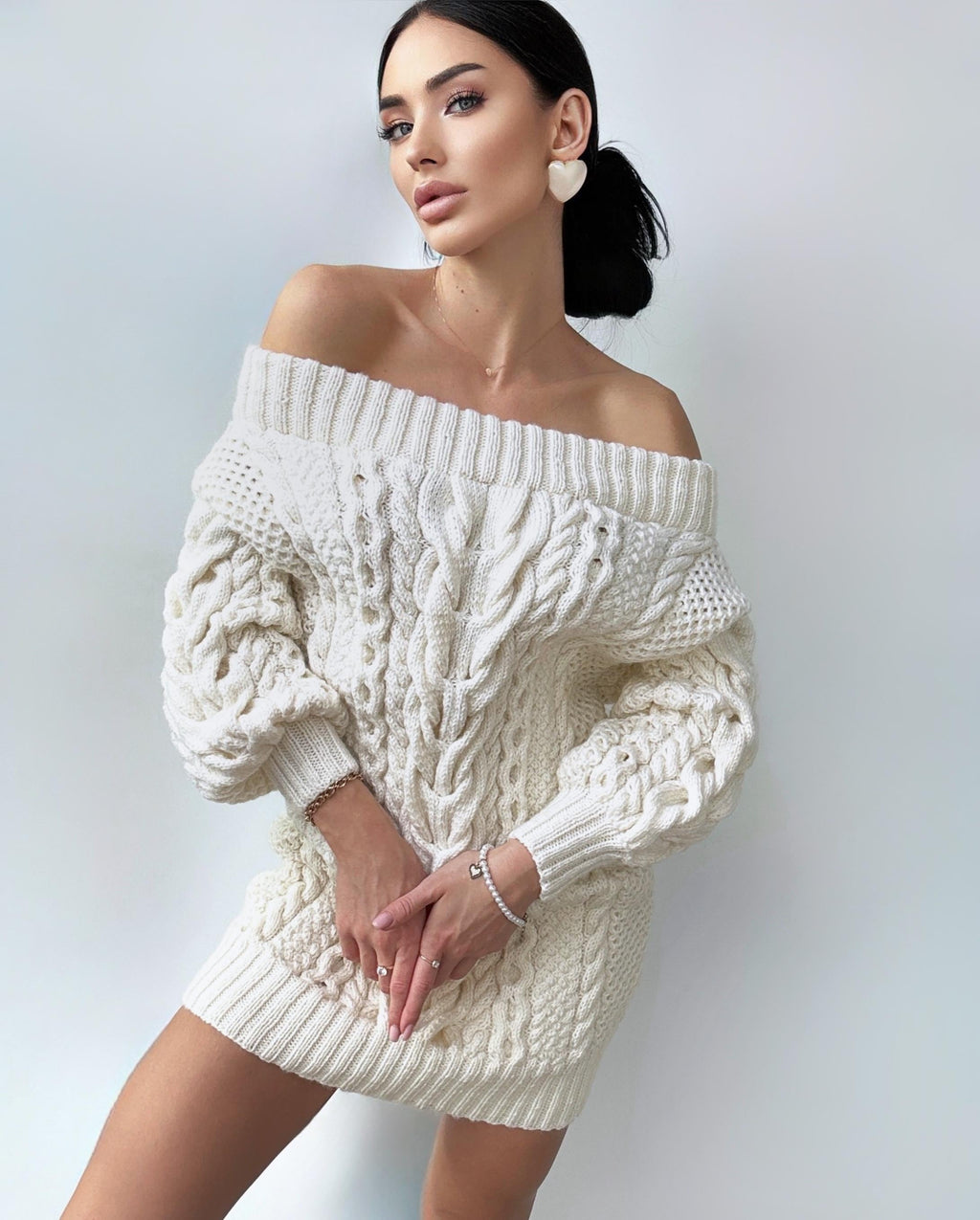 Chunky knit merino wool sweater dress women White off shoulder cotton sweater Long Cable knit sweater Knitted one shoulder Big cozy pullover