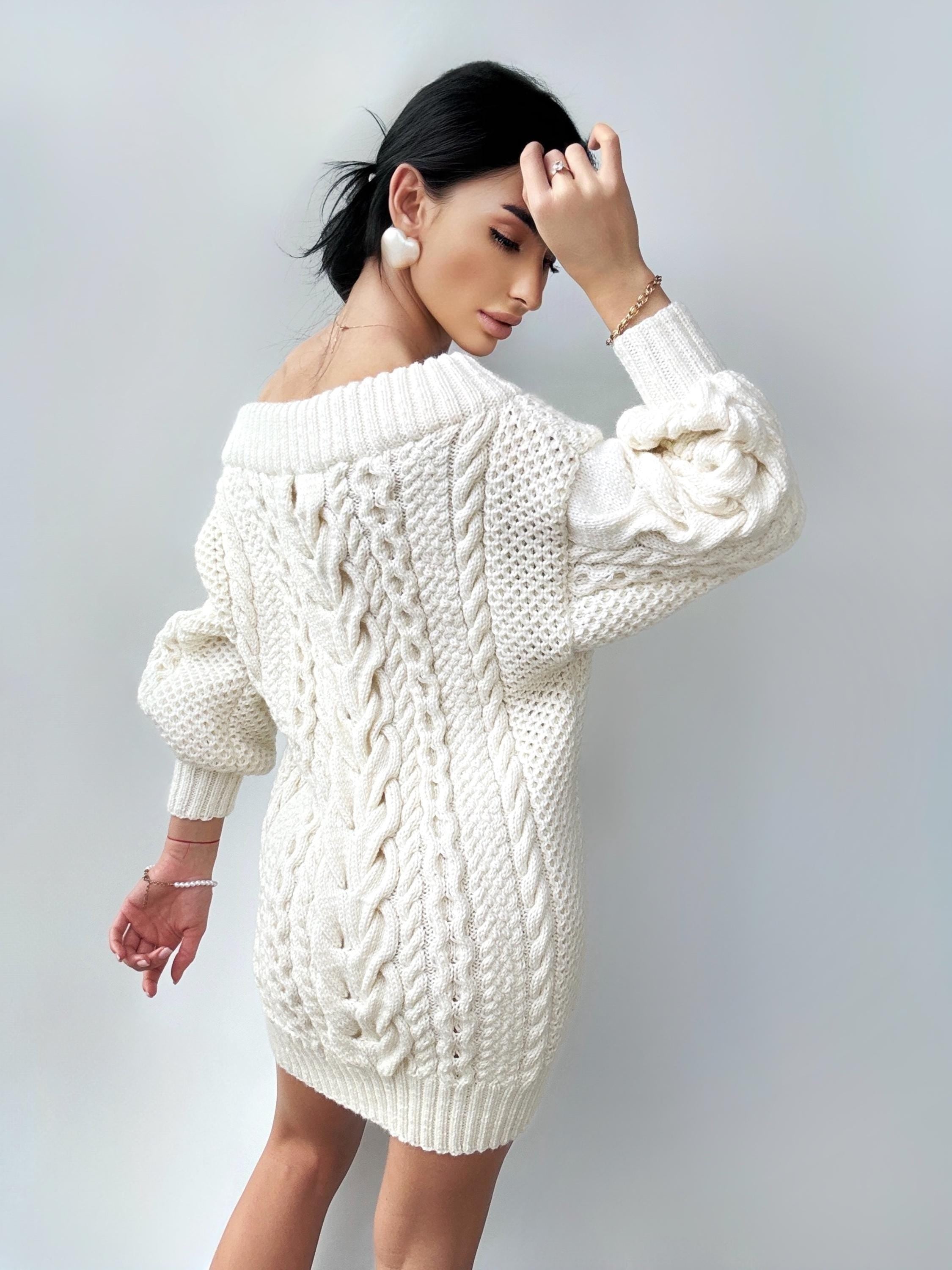 Hand knit merino wool sweater dresses women White off shoulder sweater dress Long Cable Knitted one shoulder dress Big cozy pulover