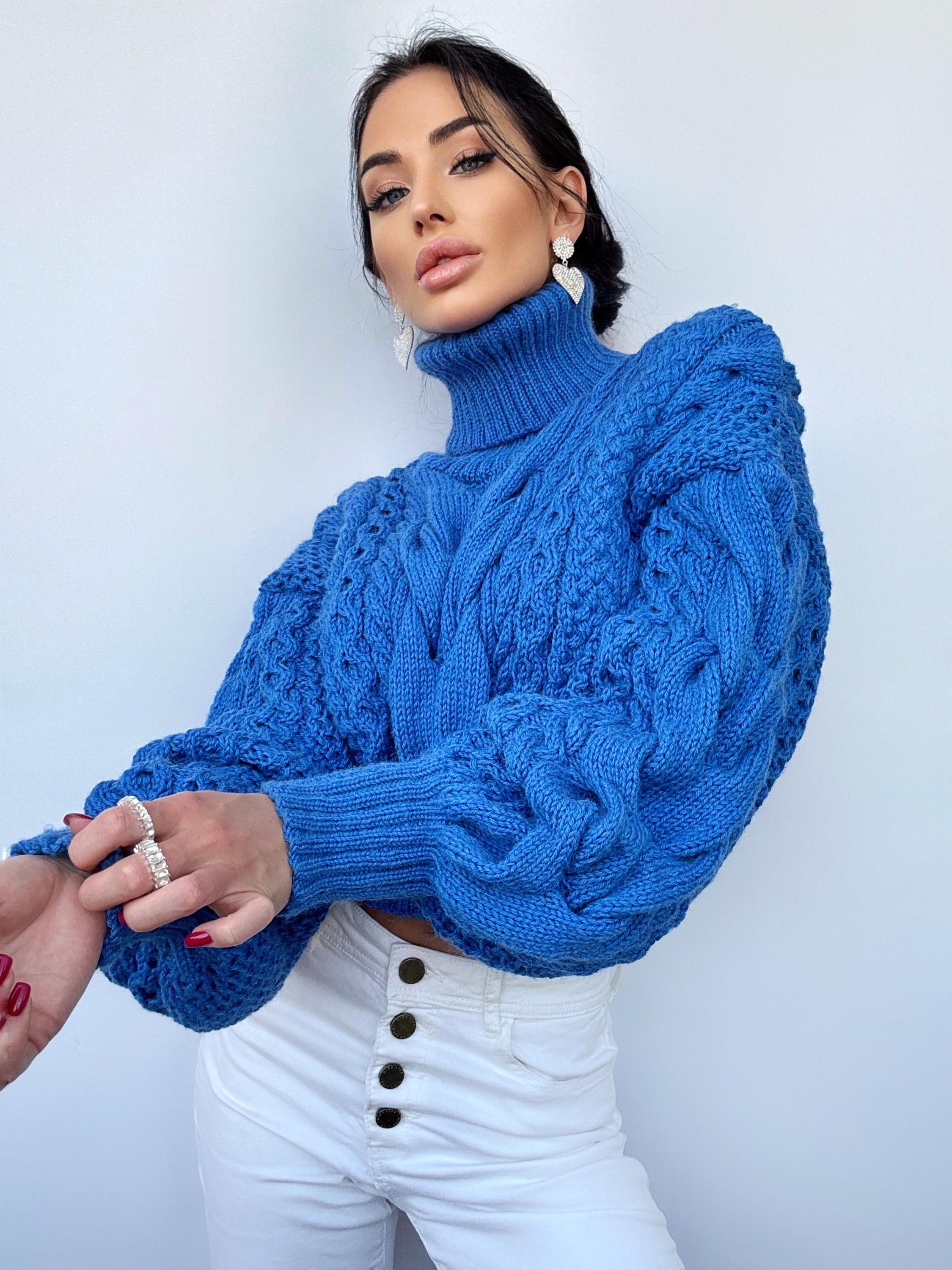 Hand knitted merino wool blue sweater Chunky Knit Turtleneck Oversized Pullover Women's Cable knit Jumper Cropped winter sweater
