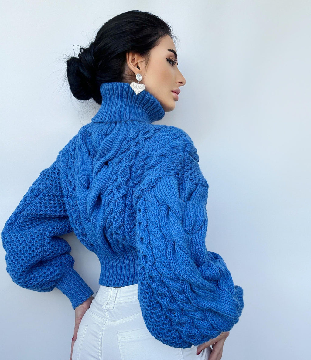 Hand knitted merino wool blue sweater Chunky Knit Turtleneck Oversized Pullover Women's Cable knit Jumper Cropped winter sweater