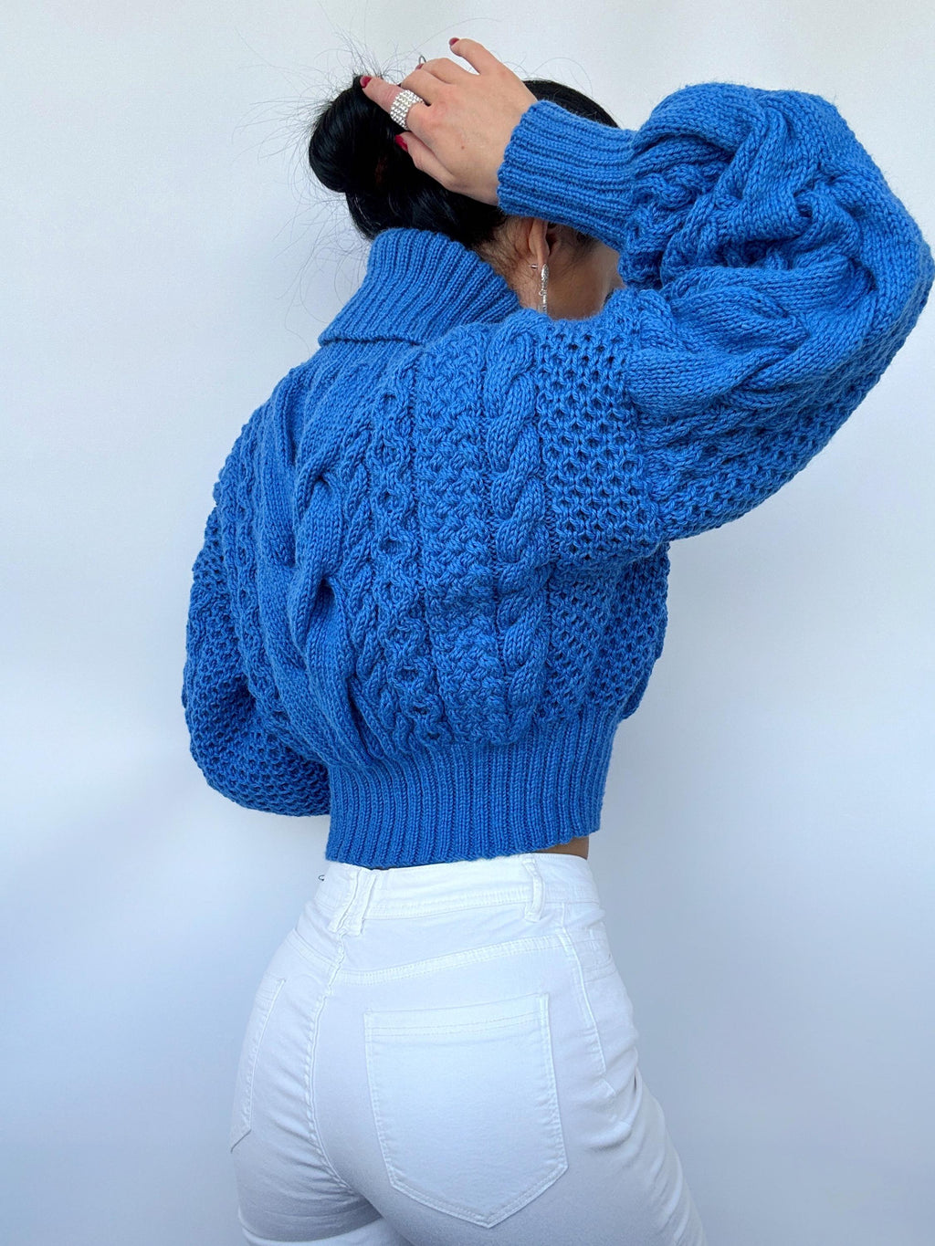 Crop hand knitted blue sweater Chunky Knit Turtleneck Oversized Pullover Women's Cable knit Jumper merino wool winter sweater