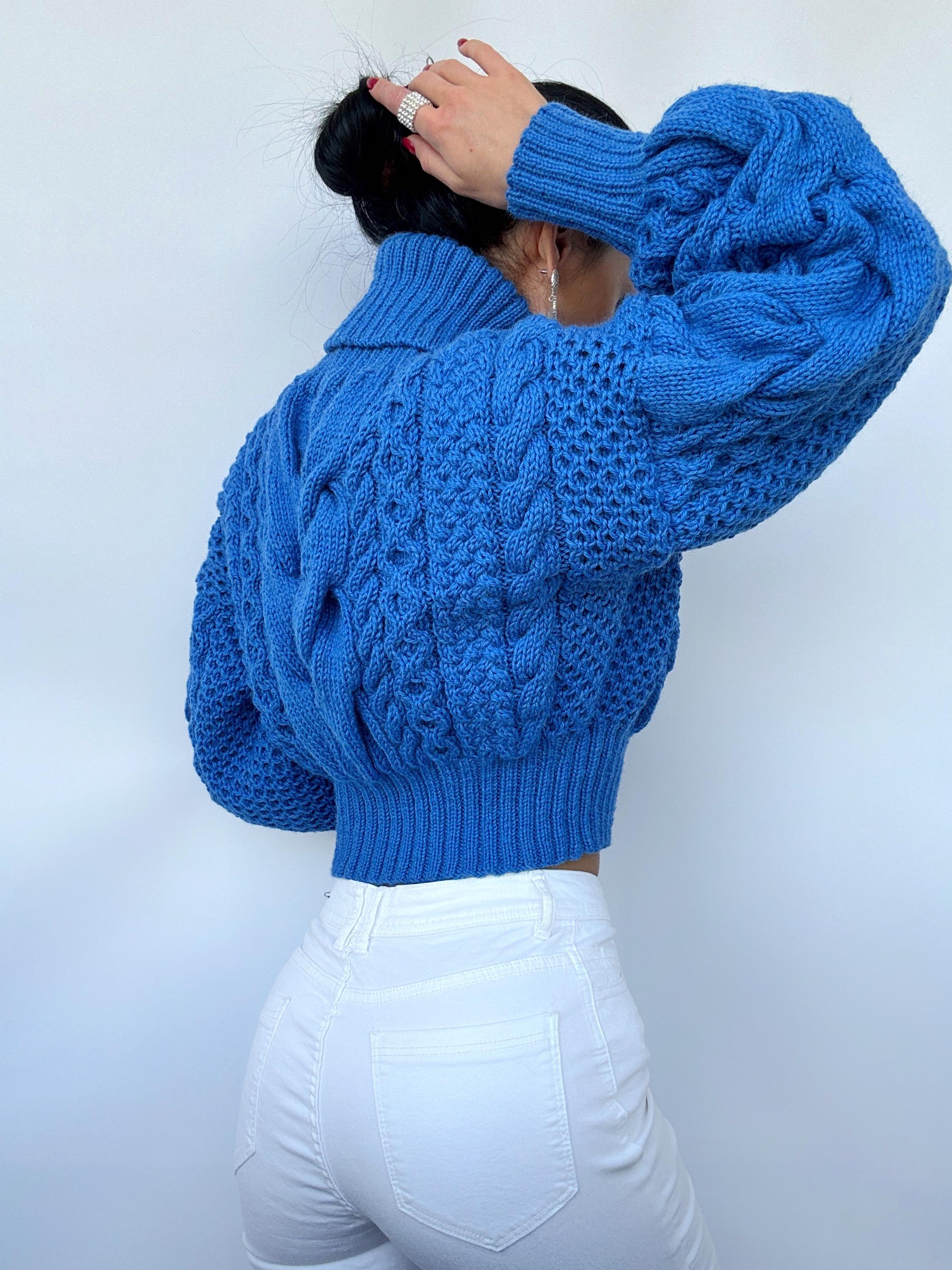 Crop hand knitted blue sweater Chunky Knit Turtleneck Oversized Pullover Women's Cable knit Jumper merino wool winter sweater