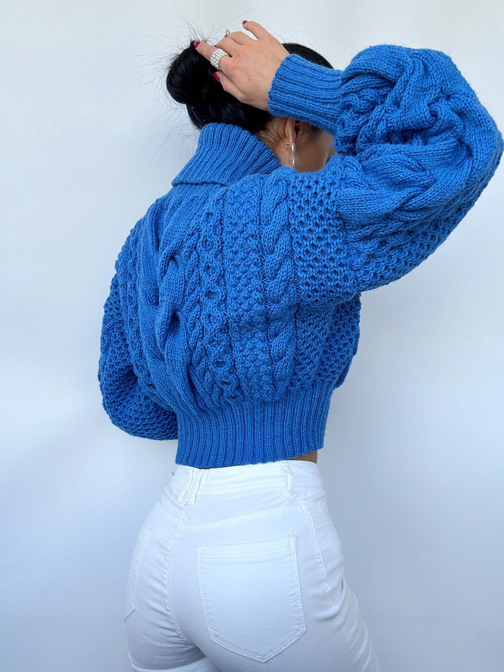 Crop hand knitted blue sweater Chunky Knit Turtleneck Oversized Pullover Women's Cable knit Jumper merino wool winter sweater