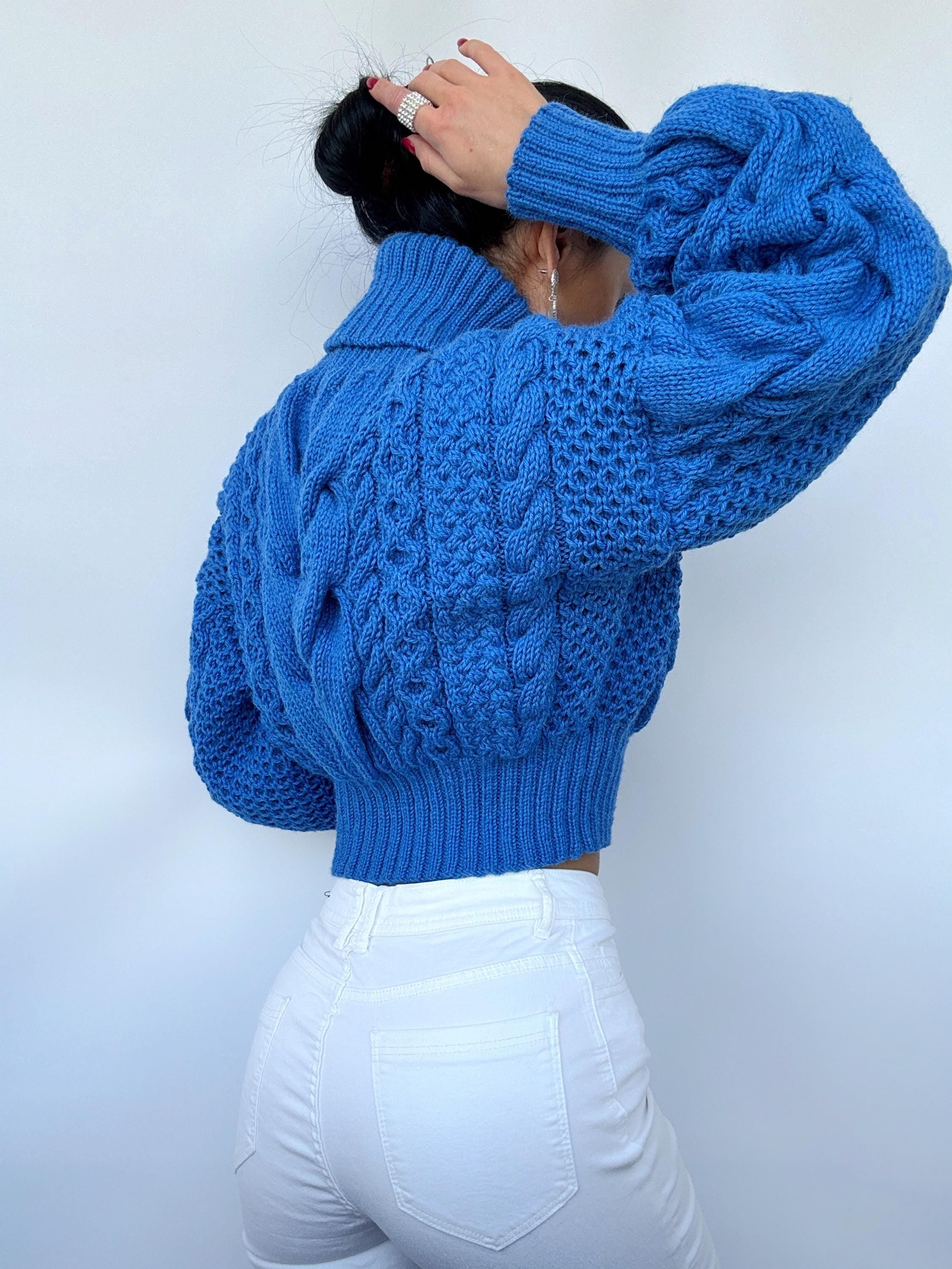 Crop hand knitted blue sweater Chunky Knit Turtleneck Oversized Pullover Women's Cable knit Jumper merino wool winter sweater