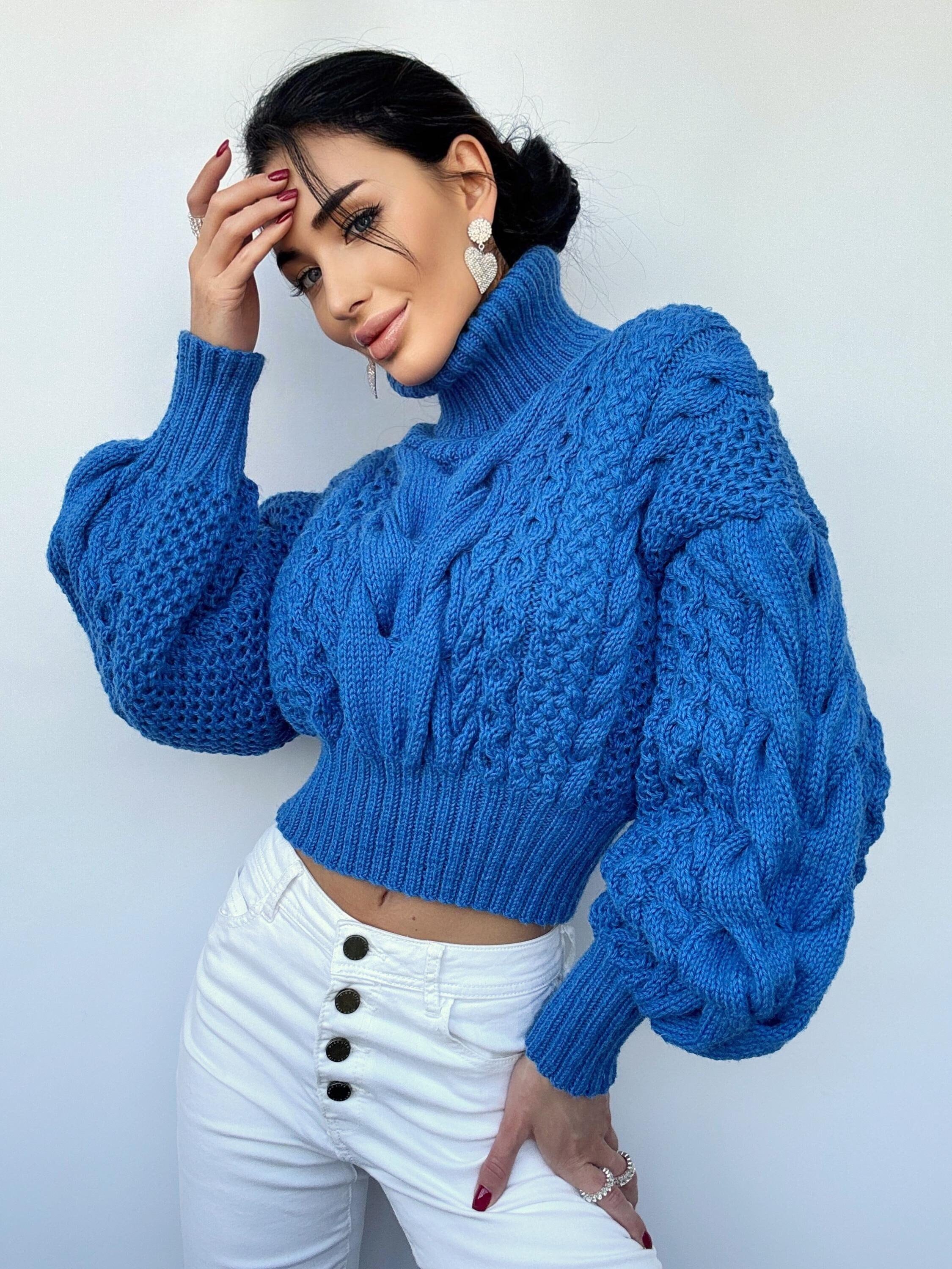 Crop hand knitted blue sweater Chunky Knit Turtleneck Oversized Pullover Women's Cable knit Jumper merino wool winter sweater