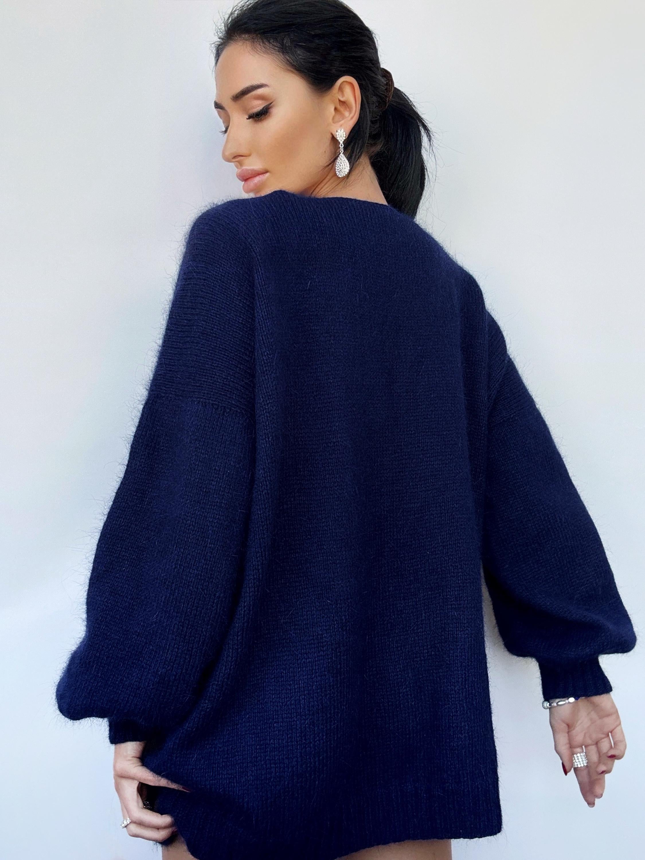 Dark blue angora knit sweater Knit fluffy angora pullover Round collar Loose fit oversized Long sleeve Cozy sweater dress gift her