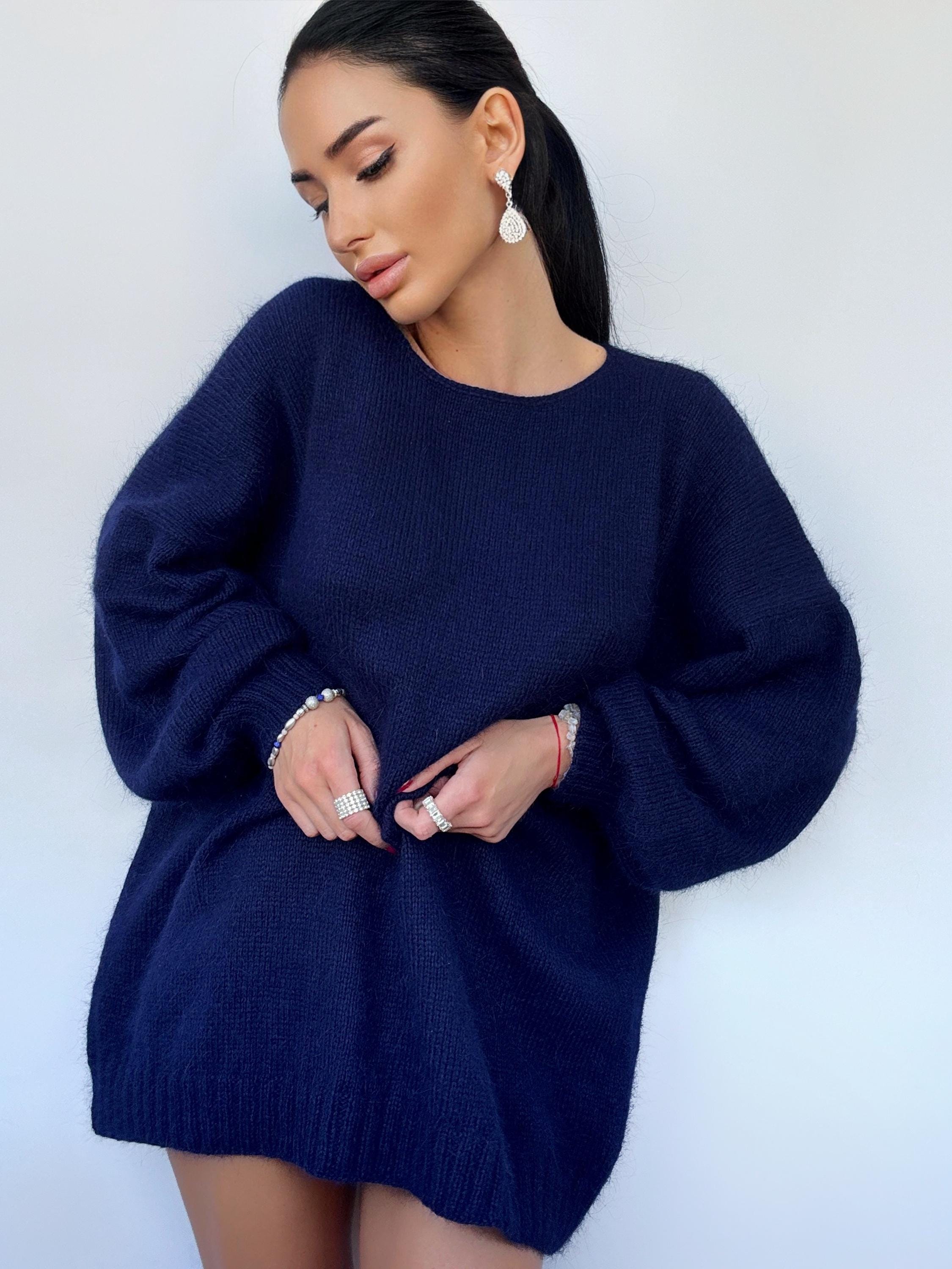 Dark blue angora knit sweater Knit fluffy angora pullover Round collar Loose fit oversized Long sleeve Cozy sweater dress gift her
