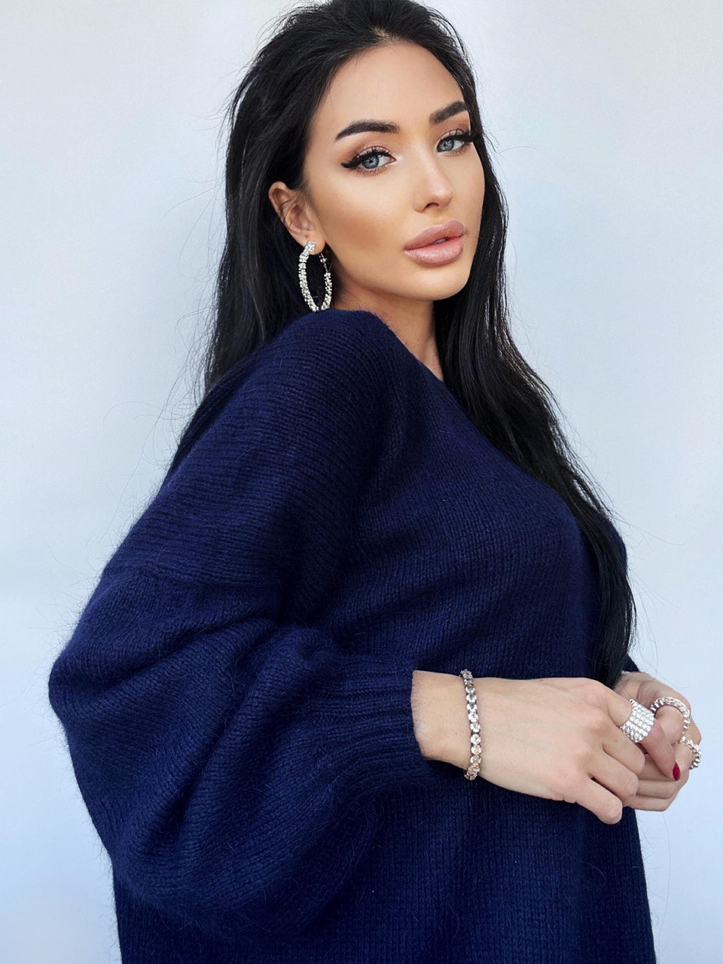 Dark blue angora knit sweater Knit fluffy angora pullover Round collar Loose fit oversized Long sleeve Cozy sweater dress gift her