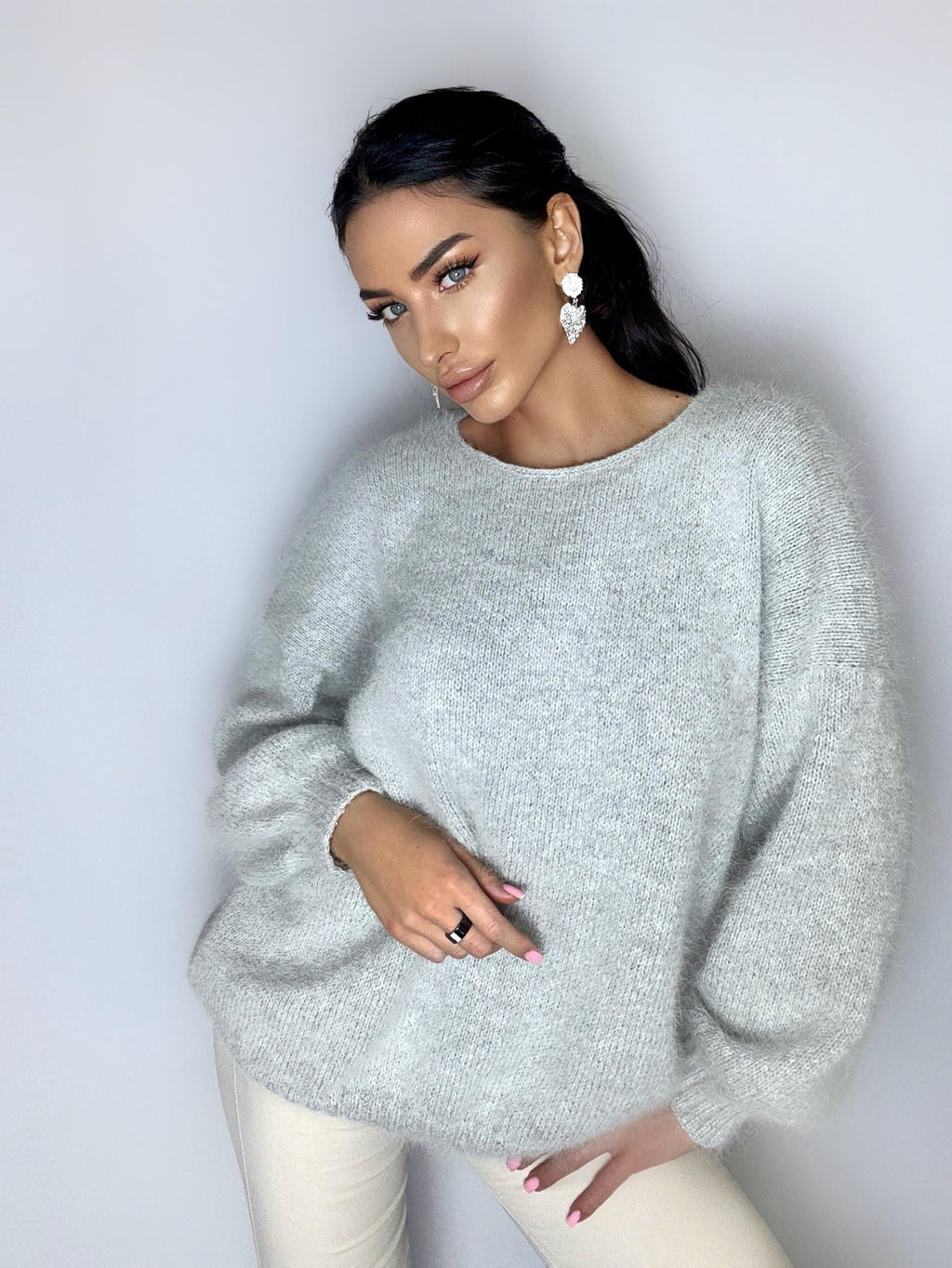 Gray melange angora knit sweater Knit fluffy angora pullover Round collar Loose fit oversized Long sleeve Cozy sweater dress gift her