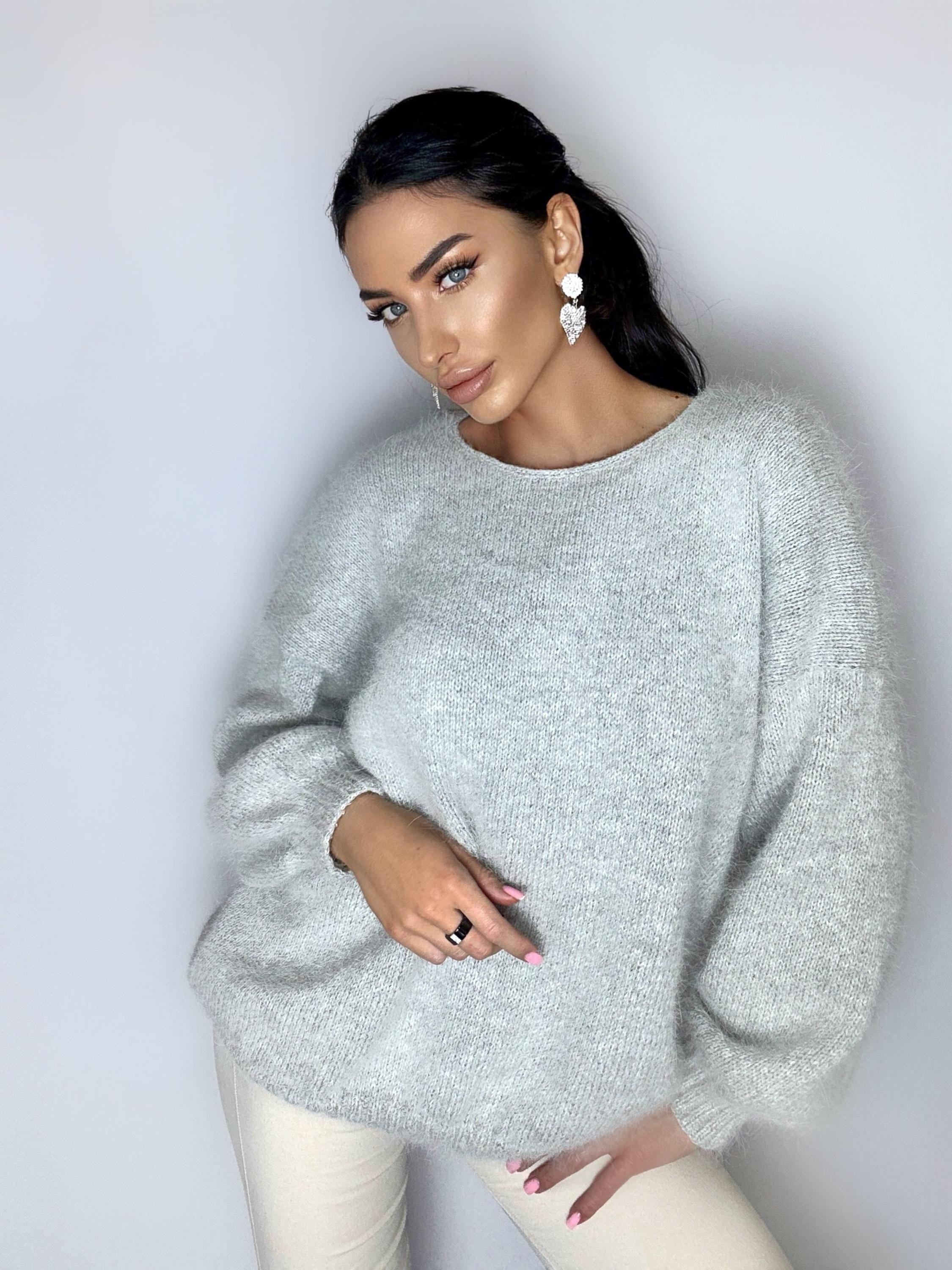 Gray melange angora knit sweater Knit fluffy angora pullover Round collar Loose fit oversized Long sleeve Cozy sweater dress gift her
