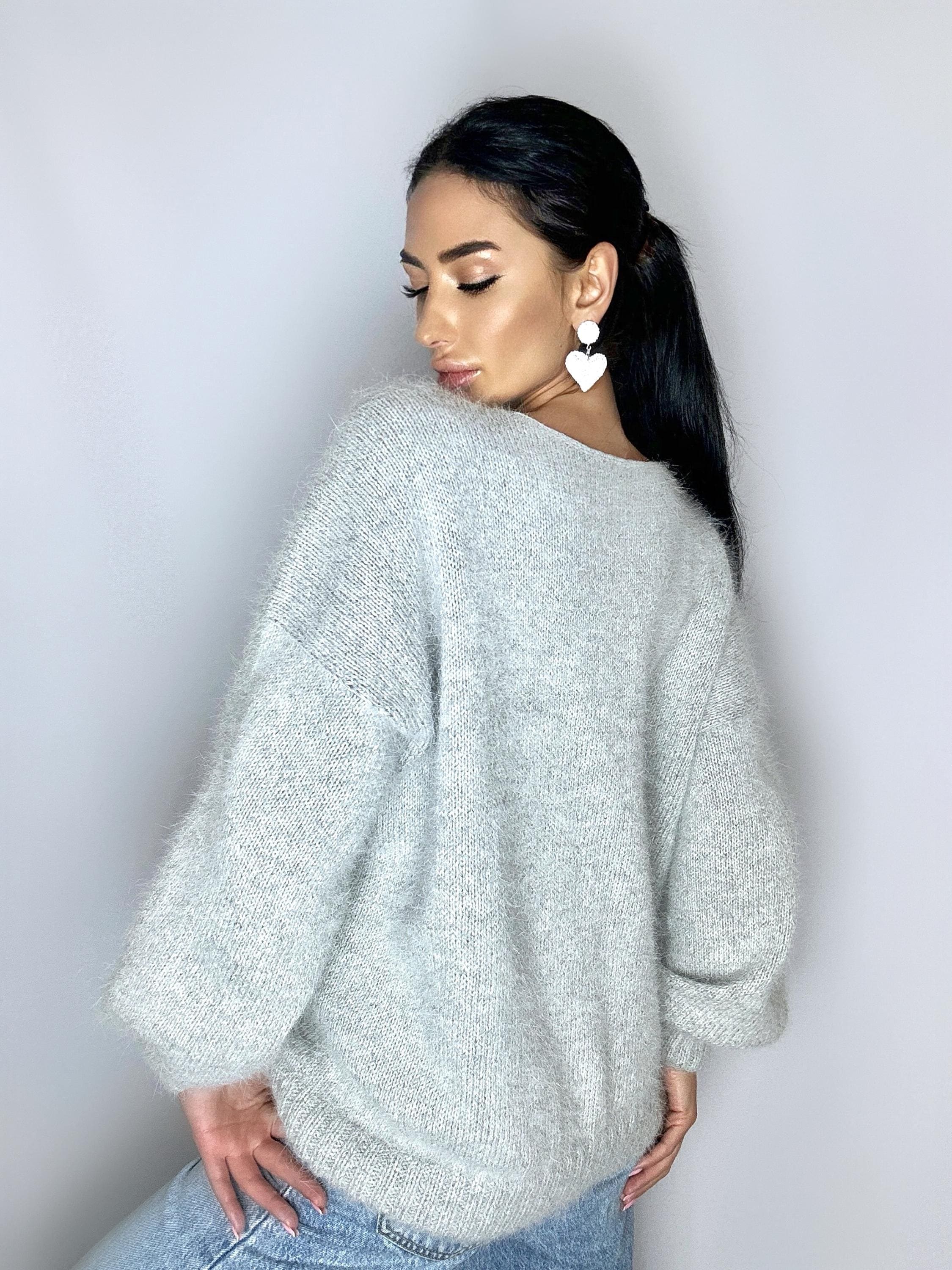 Gray melange angora knit sweater Knit fluffy angora pullover Round collar Loose fit oversized Long sleeve Cozy sweater dress gift her