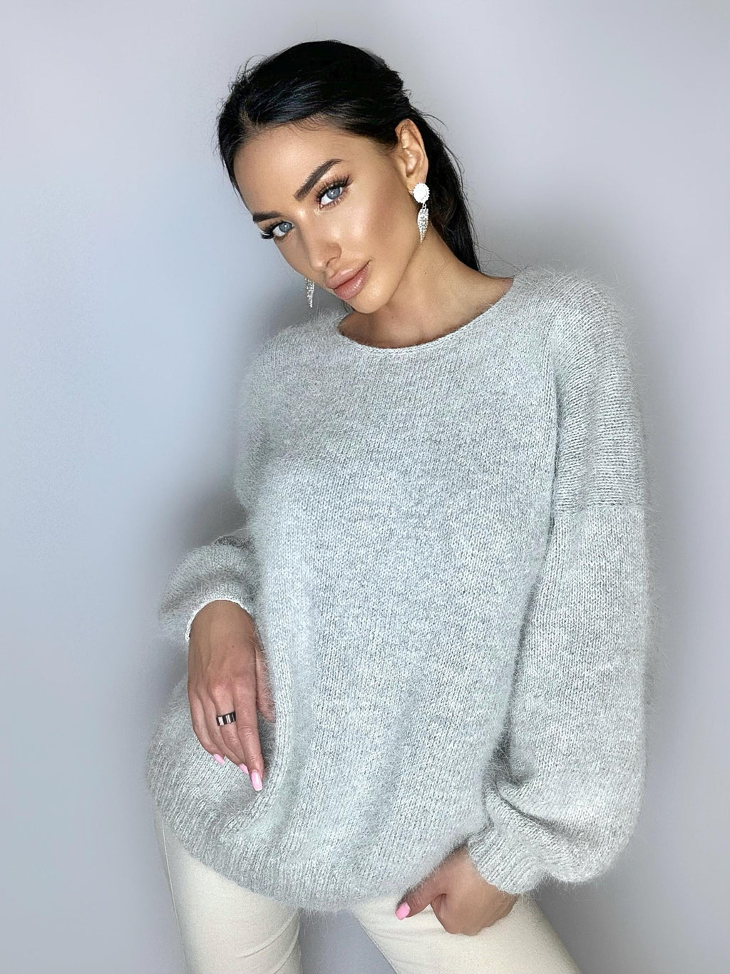Gray melange angora knit sweater Knit fluffy angora pullover Round collar Loose fit oversized Long sleeve Cozy sweater dress gift her