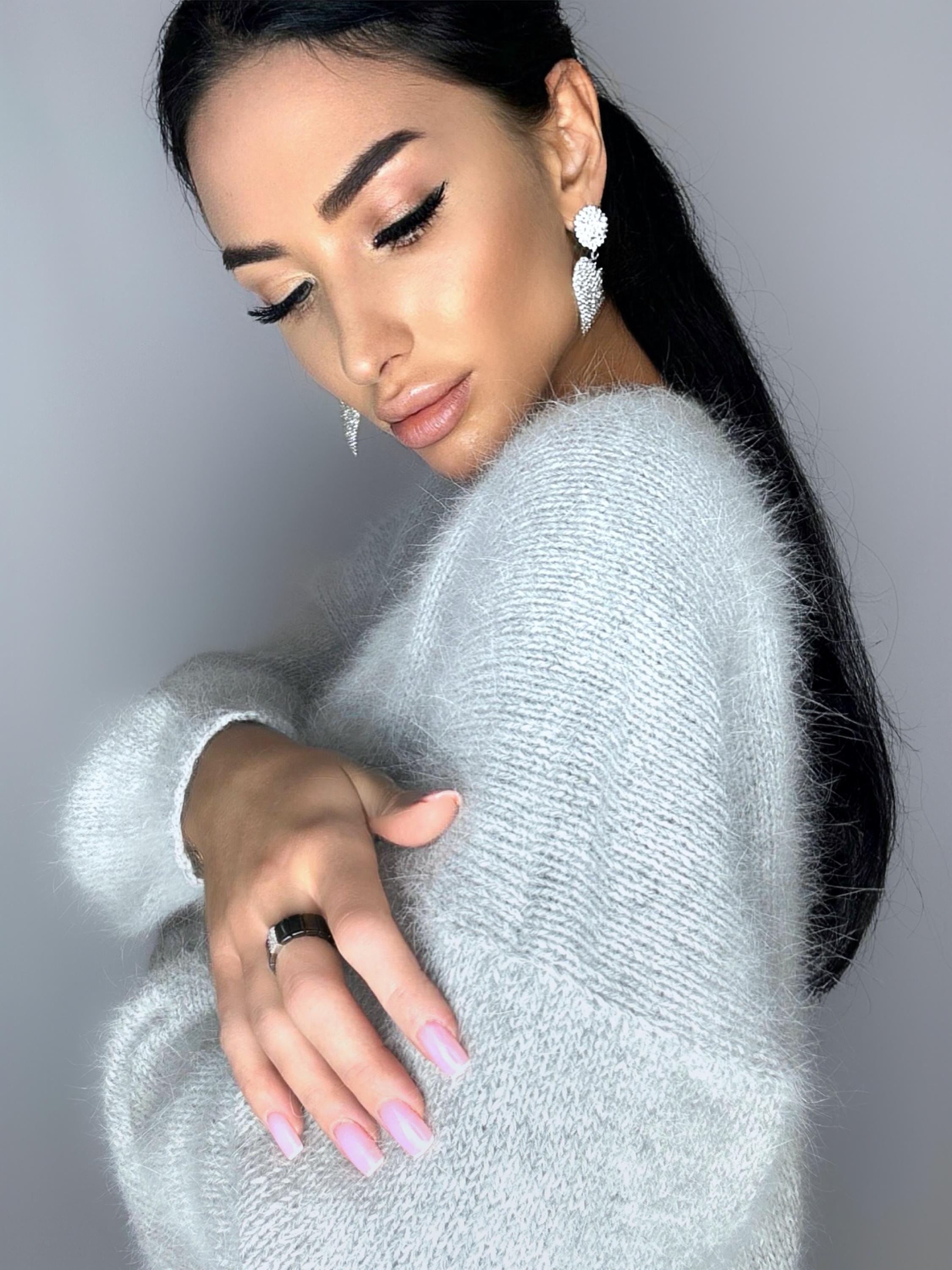 White Gray melange angora wool knit sweater dress Knit fluffy angora pullover Round collar Loose fit oversized Long sleeve Cozy sweater