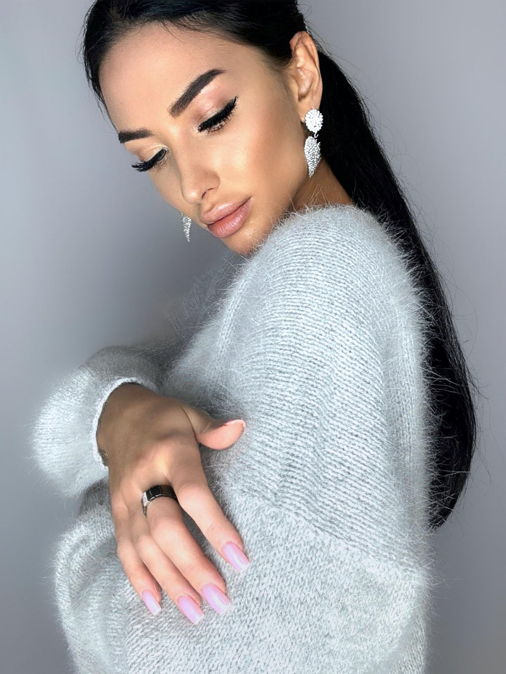 Gray melange angora knit sweater Knit fluffy angora pullover Round collar Loose fit oversized Long sleeve Cozy sweater dress gift her