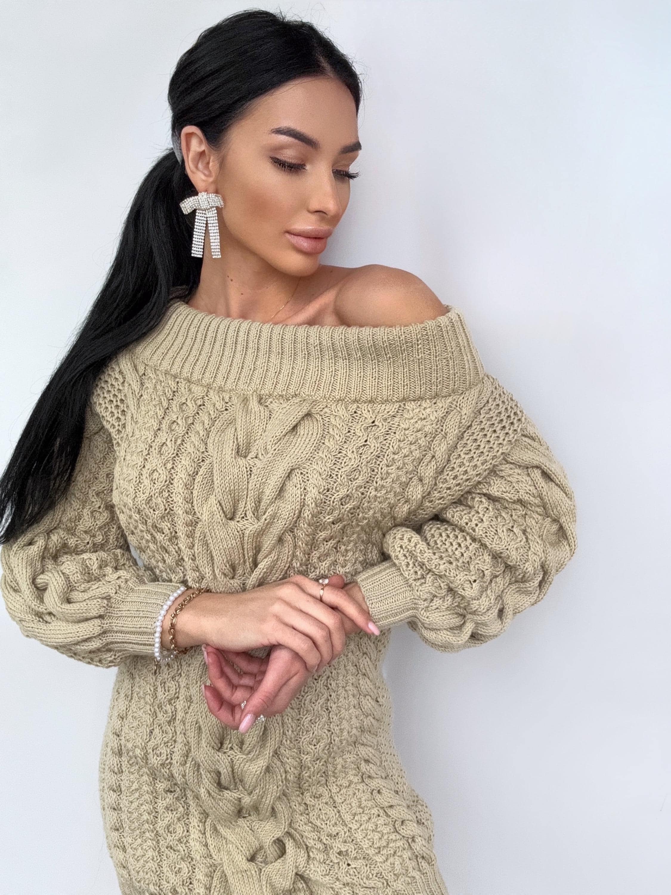 Merino wool beige hand knitted Aran sweater dress for women Cable knit sweater open shoulders Long wool braids knit dress one shoulder