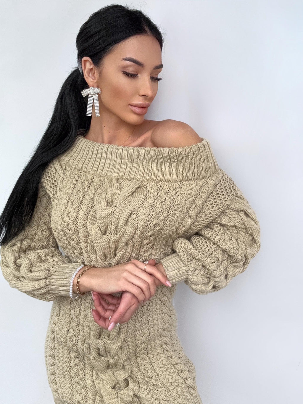 Hand knit sweater dress for women Light Beige cable sweater dress open shoulders Long women’s wool sweater braids knit dress one shoulder