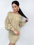 Merino wool beige hand knitted Aran sweater dress for women Cable knit sweater open shoulders Long wool braids knit dress one shoulder