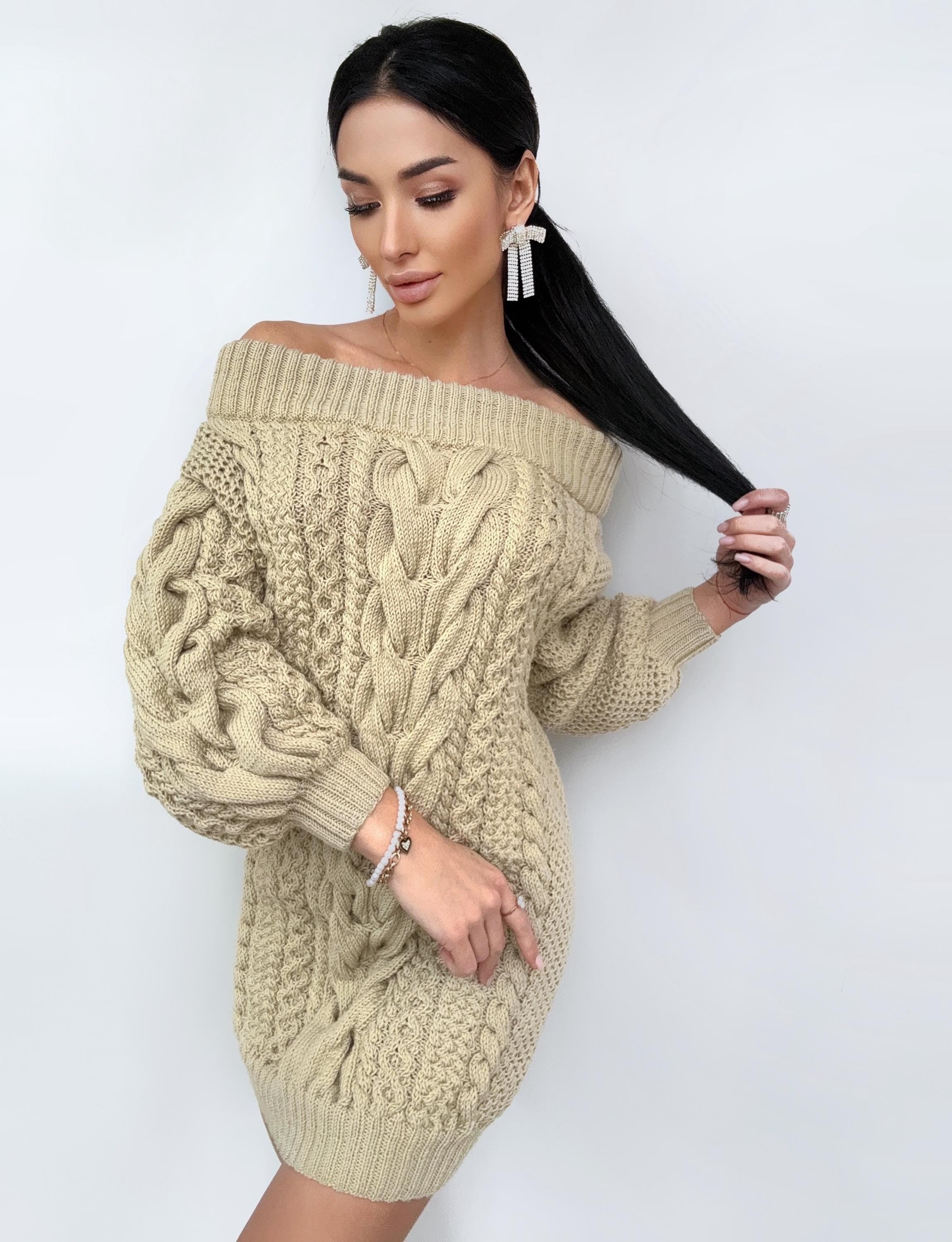 Merino wool beige hand knitted Aran sweater dress for women Cable knit sweater open shoulders Long wool braids knit dress one shoulder