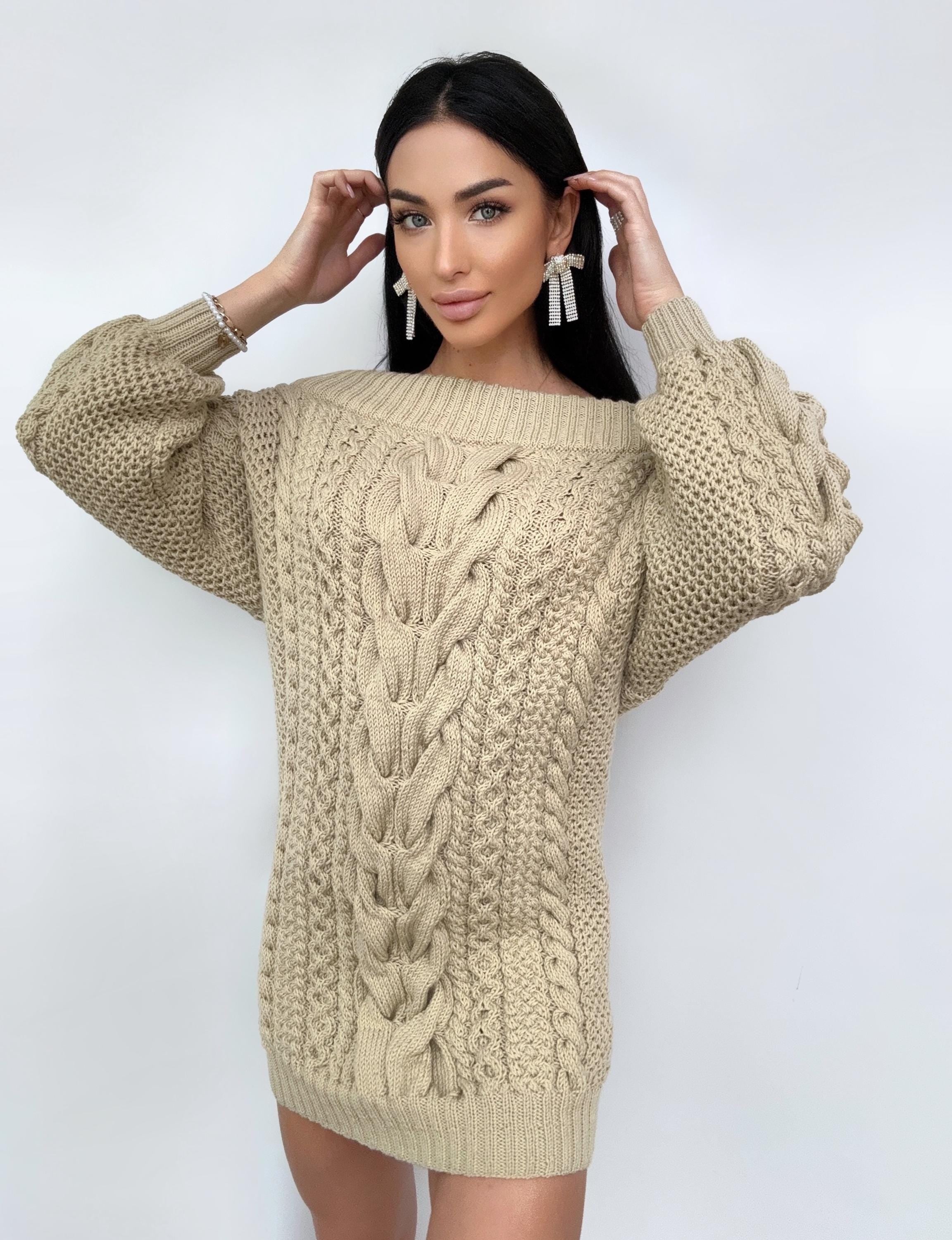 Merino wool beige hand knitted Aran sweater dress for women Cable knit sweater open shoulders Long wool braids knit dress one shoulder