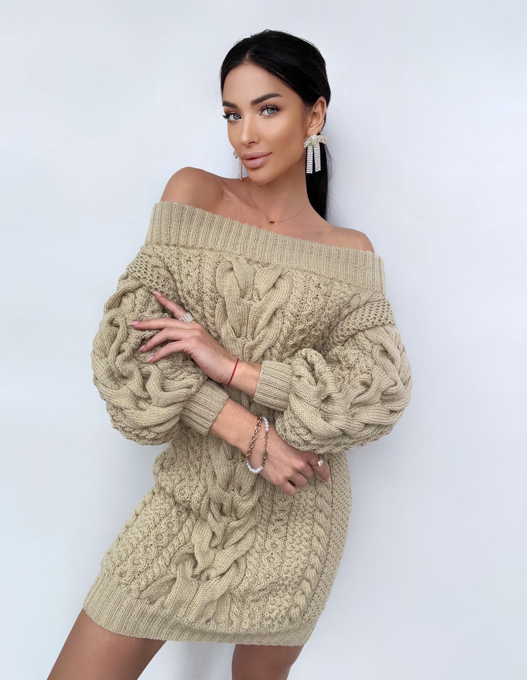 Hand knit sweater dress for women Light Beige cable sweater dress open shoulders Long women’s wool sweater braids knit dress one shoulder