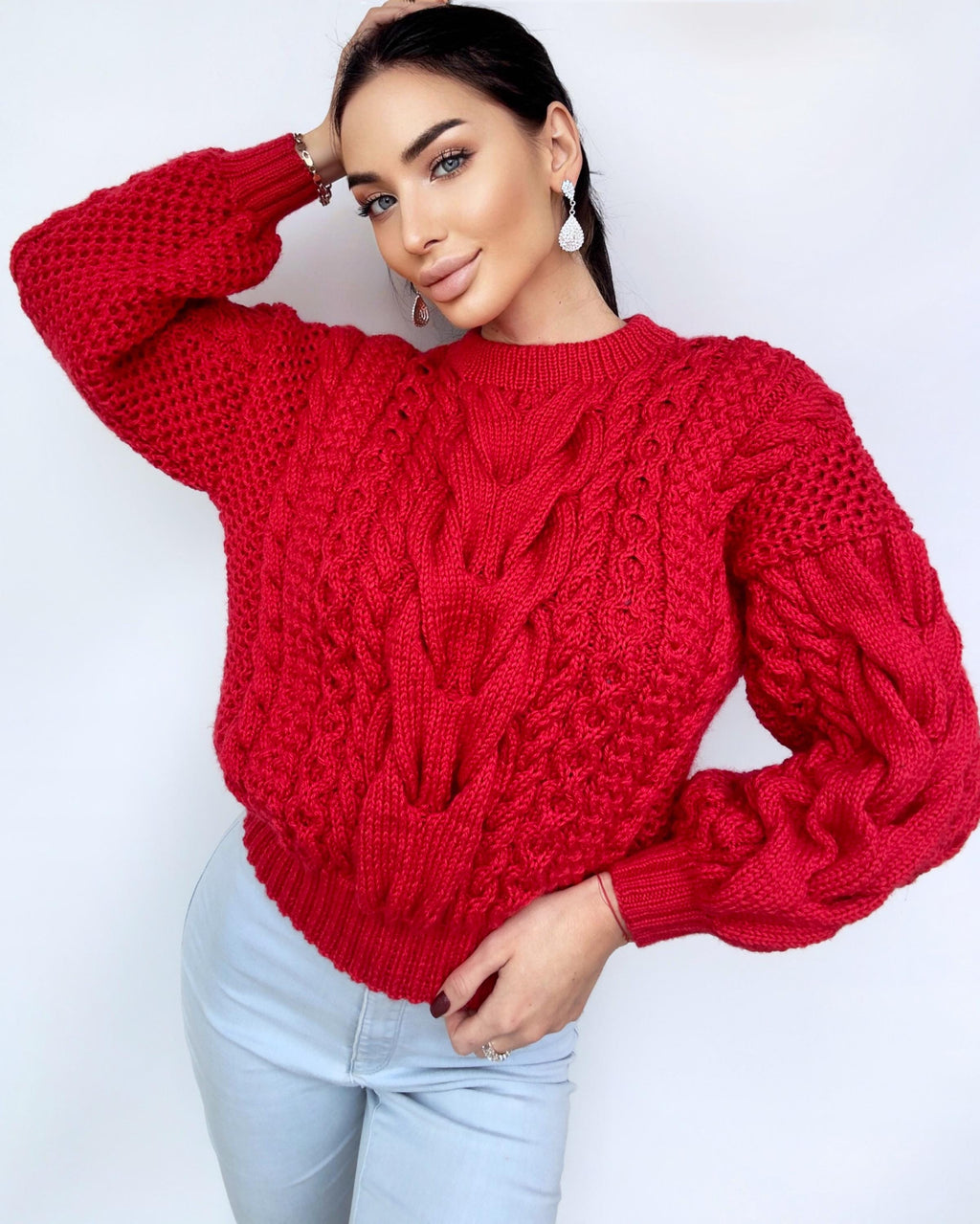 Merino wool red burgundy hand knit braids sweater women Chinky knit oversize jumper Cable Loose knit Oversized Womens Christmas pullover