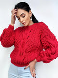Red knit wool sweater women Chinky knit oversize Knitted jumper 7/8 sleeve Cable knitting Loose knit Oversized Womens Christmas red sweater