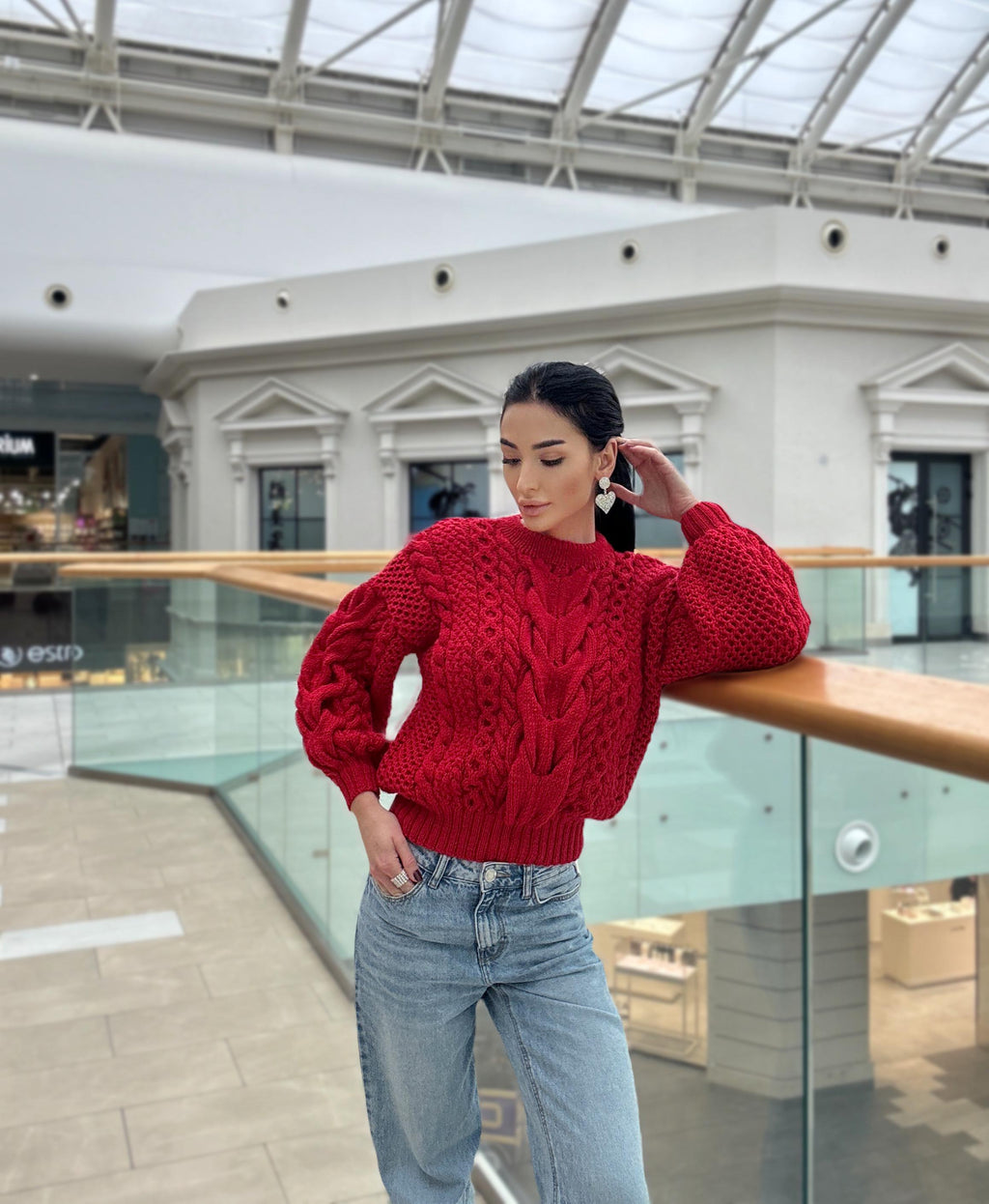 Red knit wool sweater women Chinky knit oversize Knitted jumper 7/8 sleeve Cable knitting Loose knit Oversized Womens Christmas red sweater