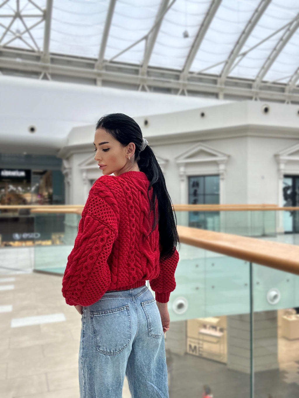 Red knit wool sweater women Chinky knit oversize Knitted jumper 7/8 sleeve Cable knitting Loose knit Oversized Womens Christmas red sweater