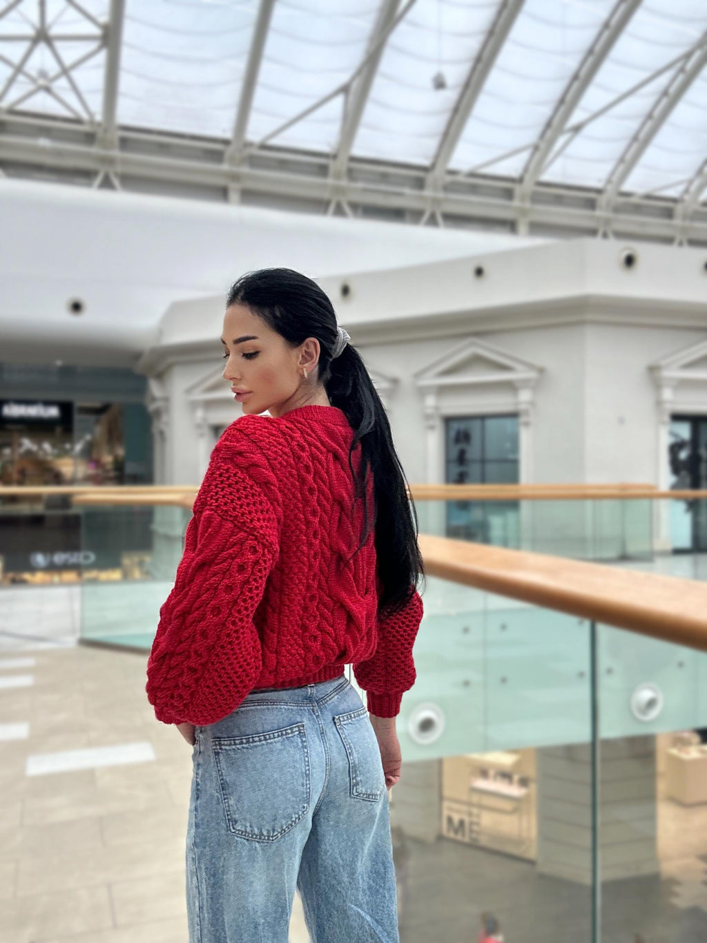 Red knit wool sweater women Chinky knit oversize Knitted jumper 7/8 sleeve Cable knitting Loose knit Oversized Womens Christmas red sweater