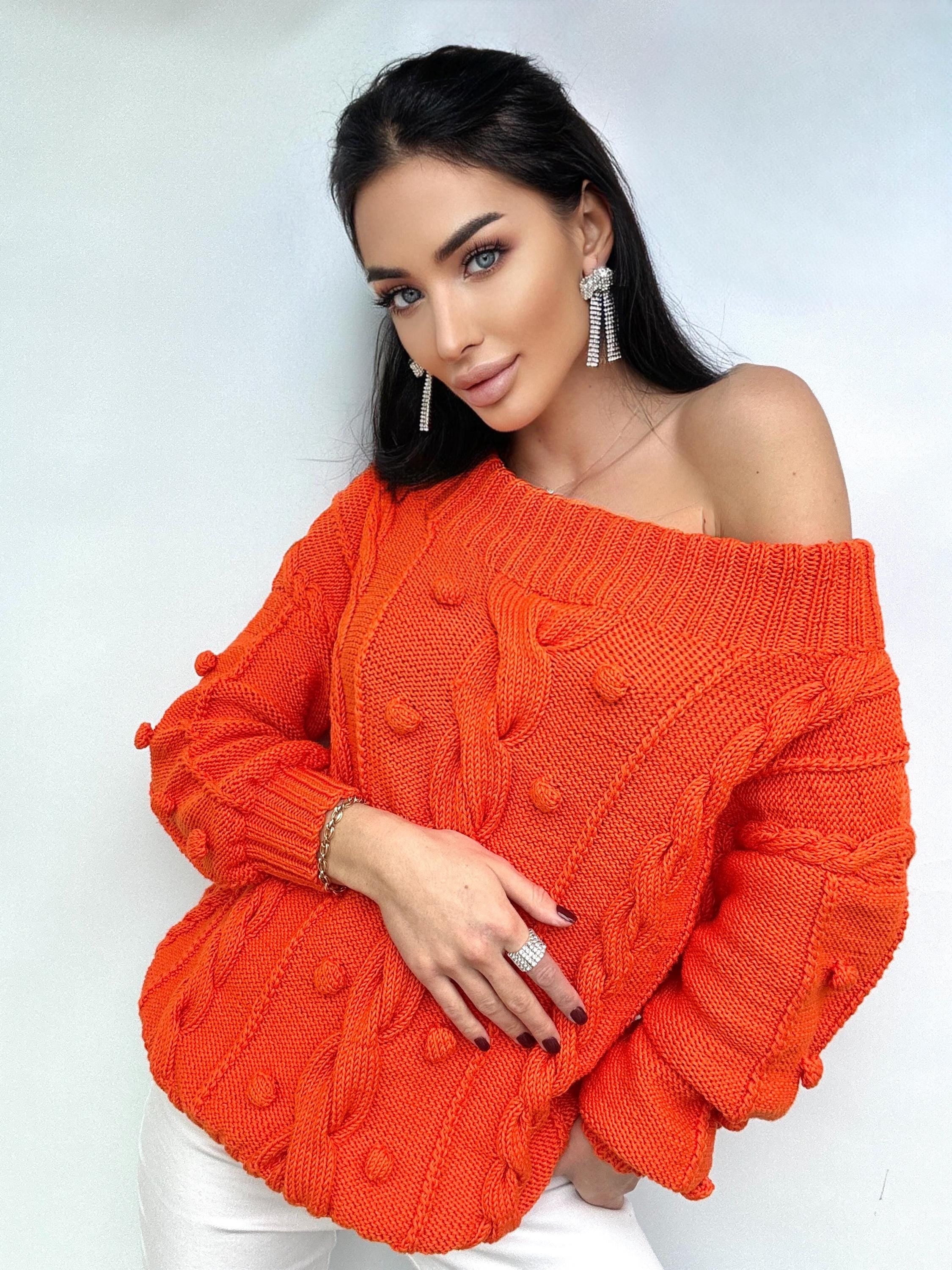 Cable knit orange cotton sweater Loose knit Oversized Halloween sweater Open shoulder pullover Pom pom Eco friendly hypoallergenic pullover
