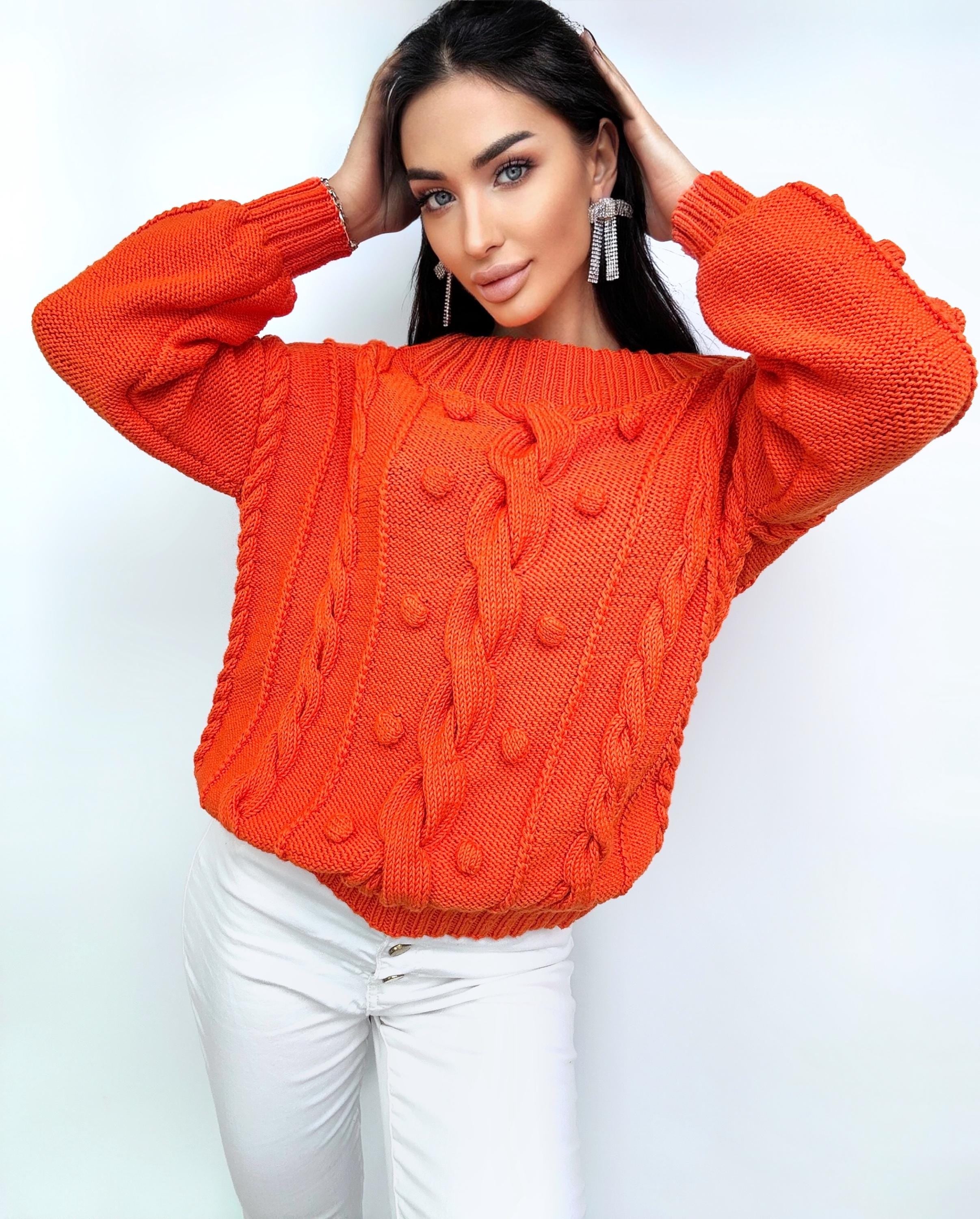 Cable knit orange cotton sweater Loose knit Oversized Halloween sweater Open shoulder pullover Pom pom Eco friendly hypoallergenic pullover