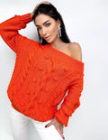 Cable knit orange cotton sweater Loose knit Oversized Halloween sweater Open shoulder pullover Pom pom Eco friendly hypoallergenic pullover
