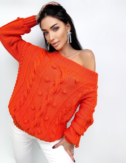 Cable knit orange cotton sweater Loose knit Oversized Halloween sweater Open shoulder pullover Pom pom Eco friendly hypoallergenic pullover