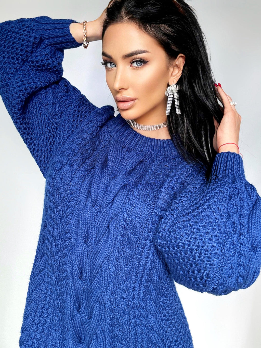 Aran long oversize sweater dress Big hand knit merino wool sweater dress Blue knitted cable knit pullover women Oversized chunky sweater