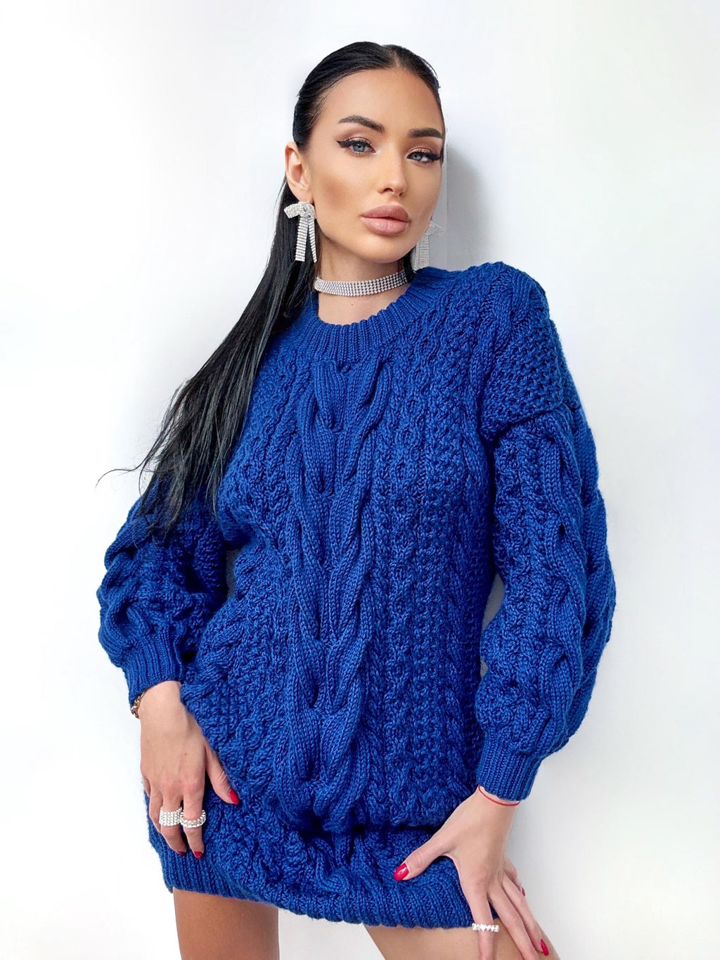 Aran long oversize sweater dress Big hand knit merino wool sweater dress Blue knitted cable knit pullover women Oversized chunky sweater