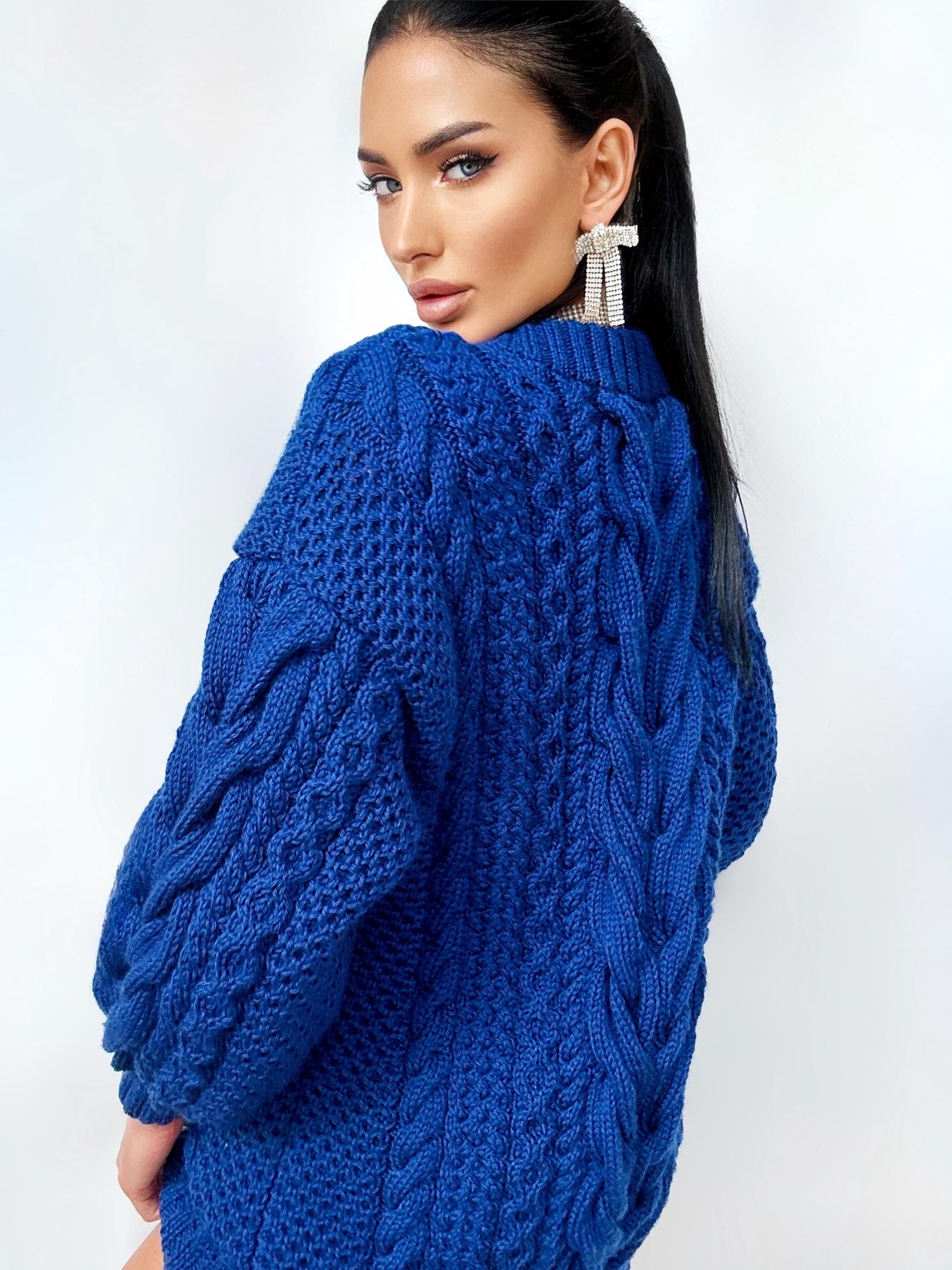 Aran long oversize sweater dress Big hand knit merino wool sweater dress Blue knitted cable knit pullover women Oversized chunky sweater