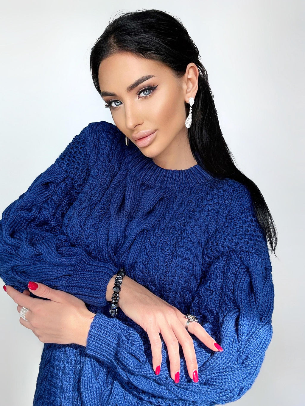 Aran long oversize sweater dress Big hand knit merino wool sweater dress Blue knitted cable knit pullover women Oversized chunky sweater