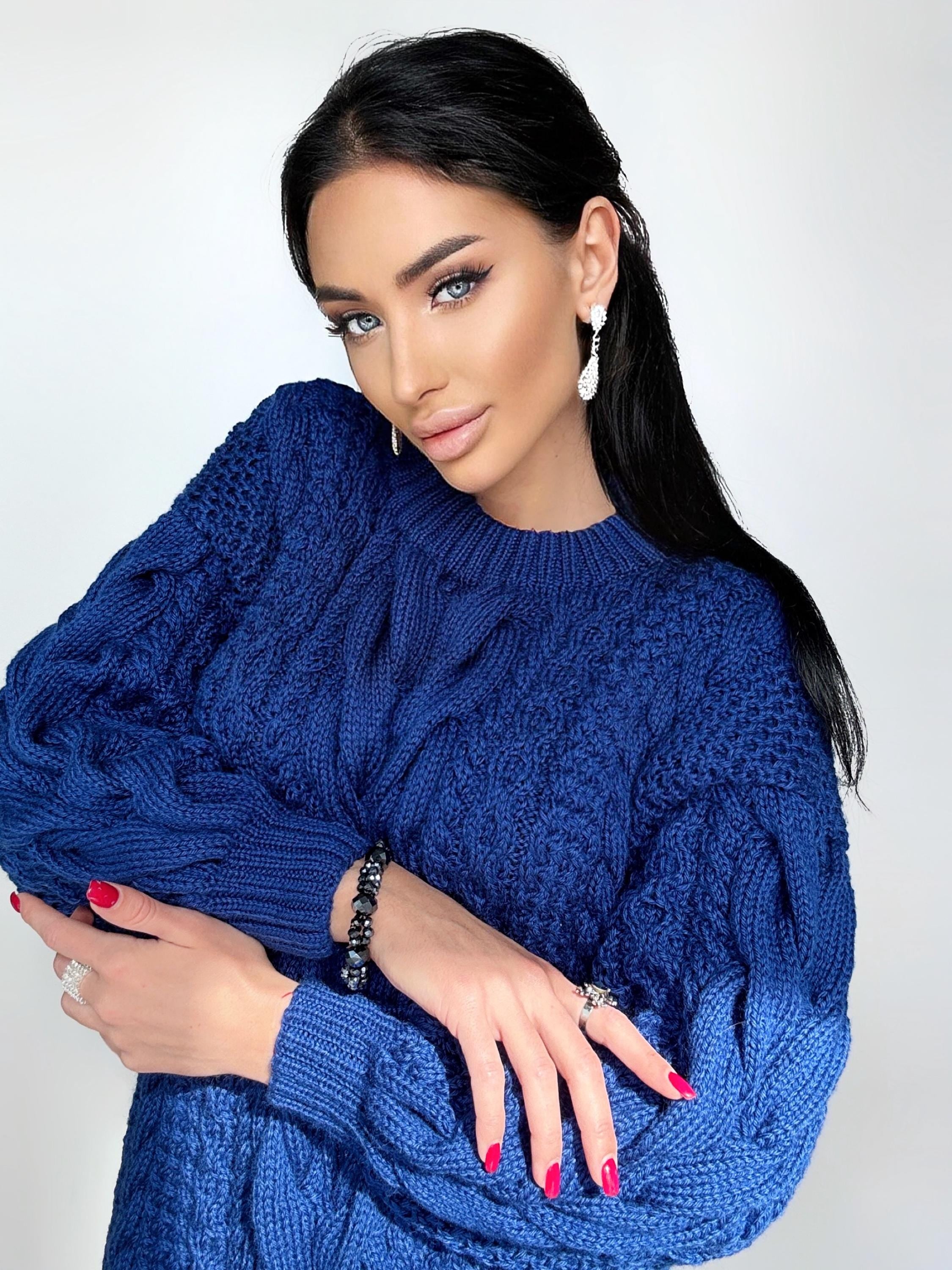 Aran long oversize sweater dress Big hand knit merino wool sweater dress Blue knitted cable knit pullover women Oversized chunky sweater